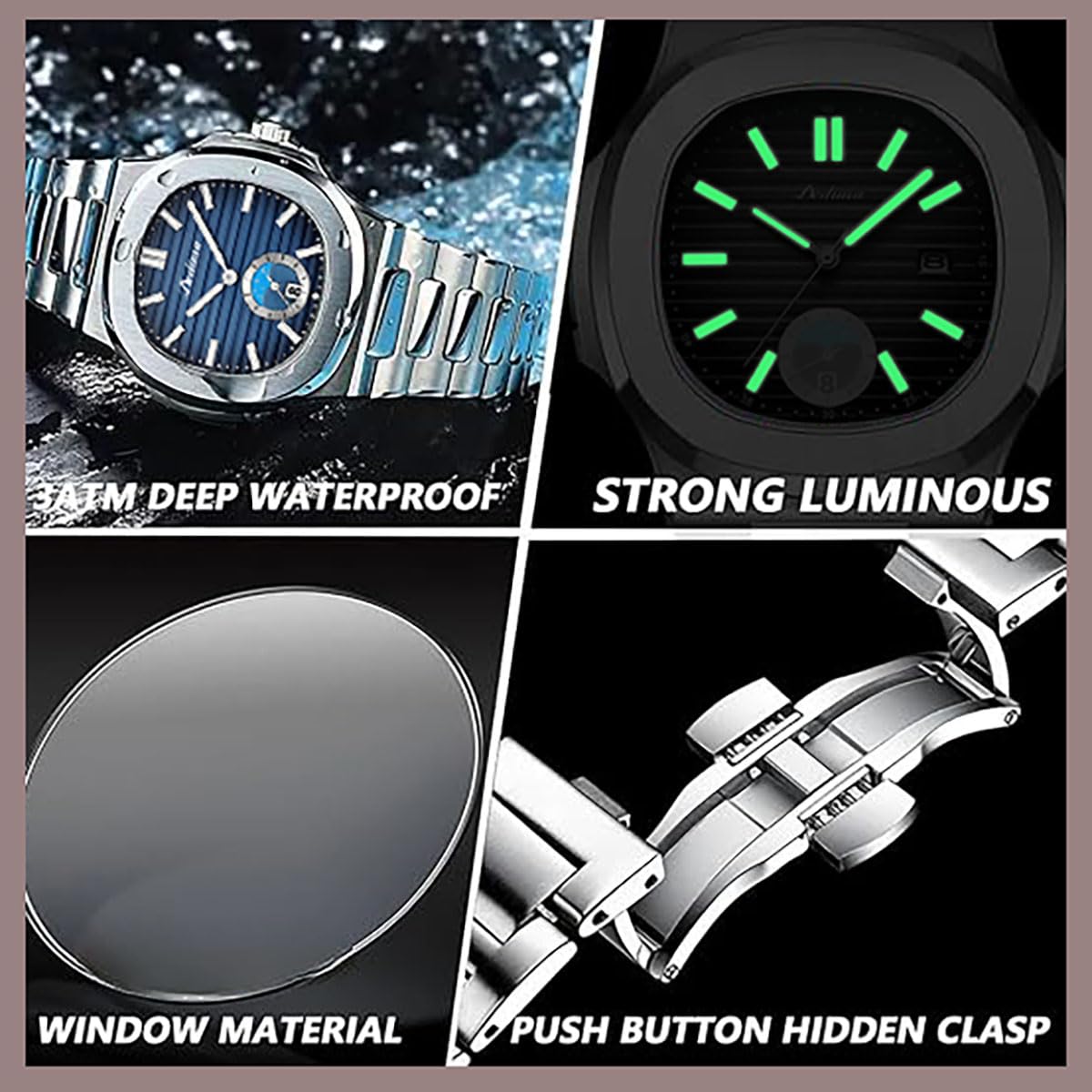 BESTKANG Men's Octagonal Stainless Steel Watch Luminous Quartz Watch Business Wristwatch (Black)