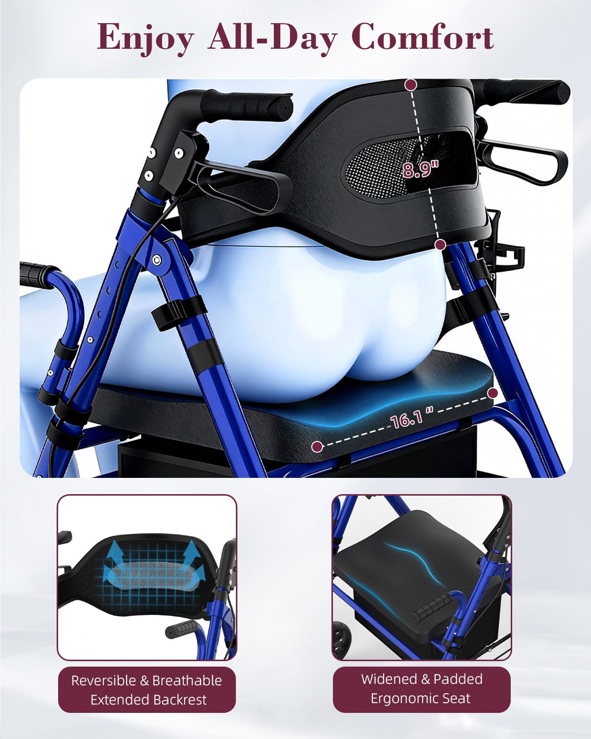Fvzzin Walkers for Seniors with Seat, Extra Wide 2 in 1 Rollator Walker & Transport Chair with Reversible Backrest & Detachable Footrests, Foldable Wheelchair Combo with 8" Anti-Slip PU Wheels, Blue