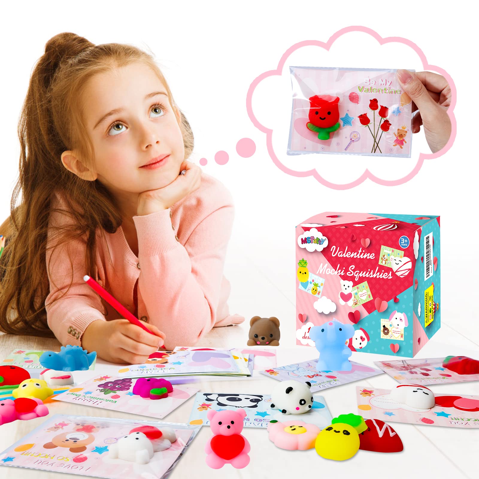 MGparty Valentines Gifts for Kids with 38 Pack Kawaii Mochi Squishies Toys, Valentines Cards for Kids Classroom Exchange Prizes Boys Girls School Party Favors