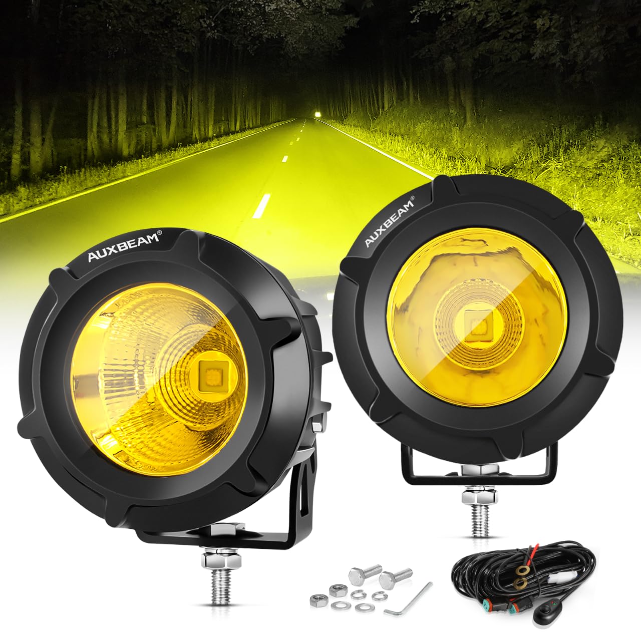 Auxbeam Amber Fog Lights, 3.5 Inch 50W Round Led Offroad Light 5000LM Yellow Round Led Pods with Wiring Harness Kit, Spot Flood Combo Driving Lights for Truck ATV UTV Motorcycle Off-Roading