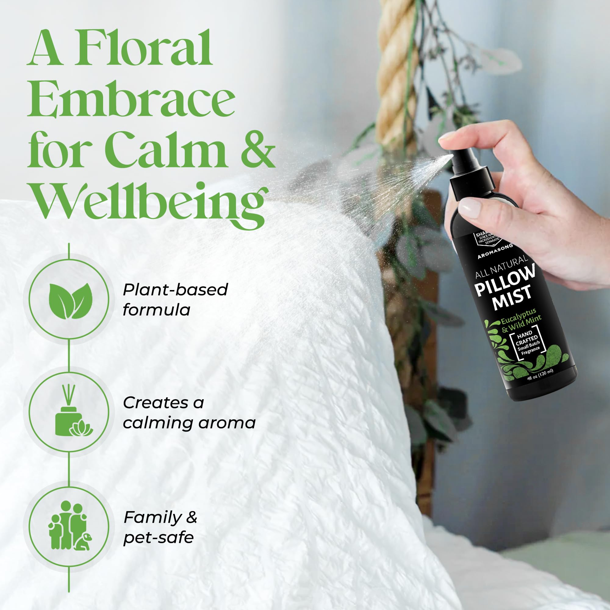 Aromasong Eucalyptus & Wild Mint Pillow Spray - All Natural Calming Linen & Bedtime Mist for Deep Sleep - Aromatherapy Essential Oils for Sleeping
