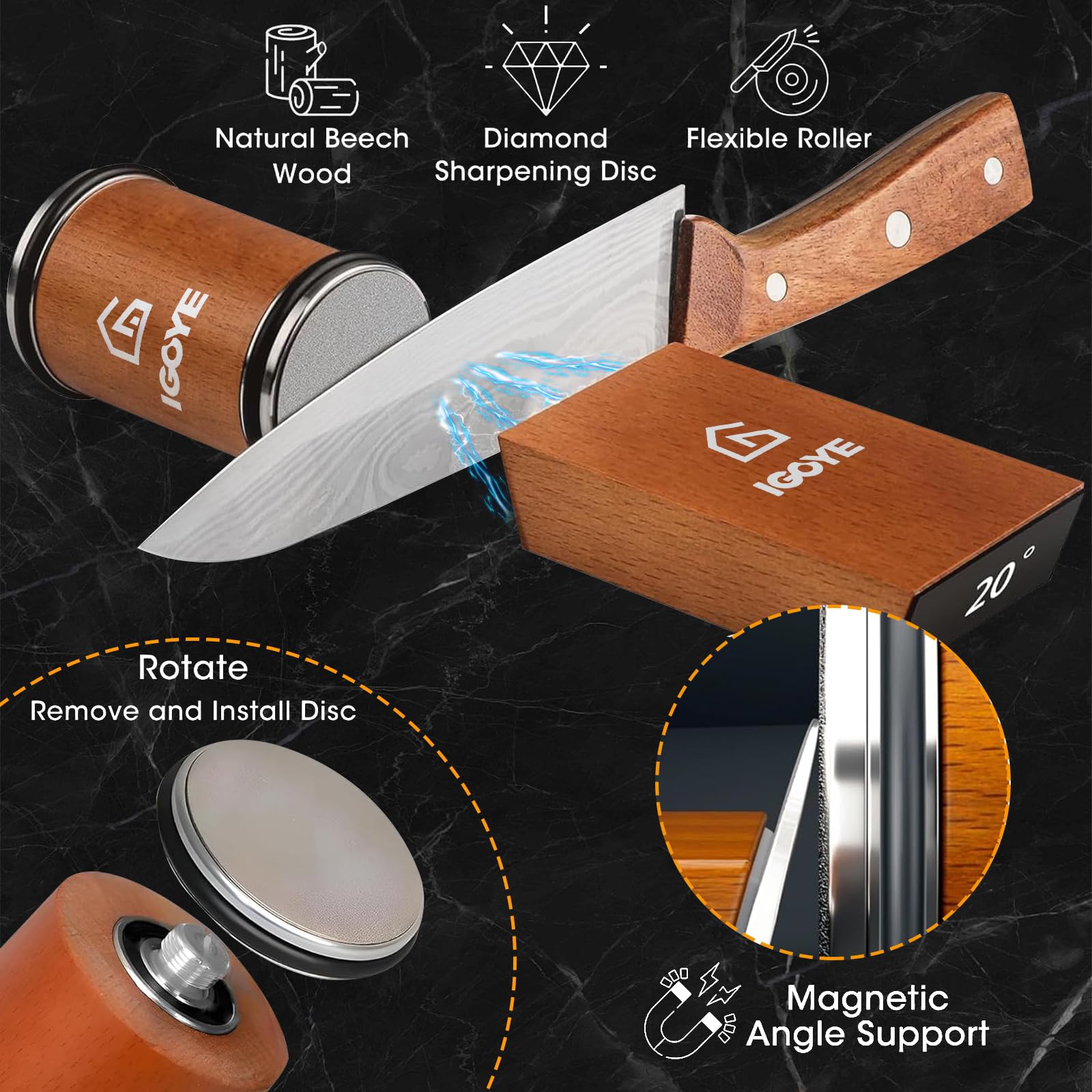 Rolling Knife Sharpener Tool Kit, Diamond Rolling Knife Sharpener Kit & Leather Strop Companion - Knife Sharpening Made Easy - Kitchen Knivies Sharpener (Offers 15 & 20 Degree) 
