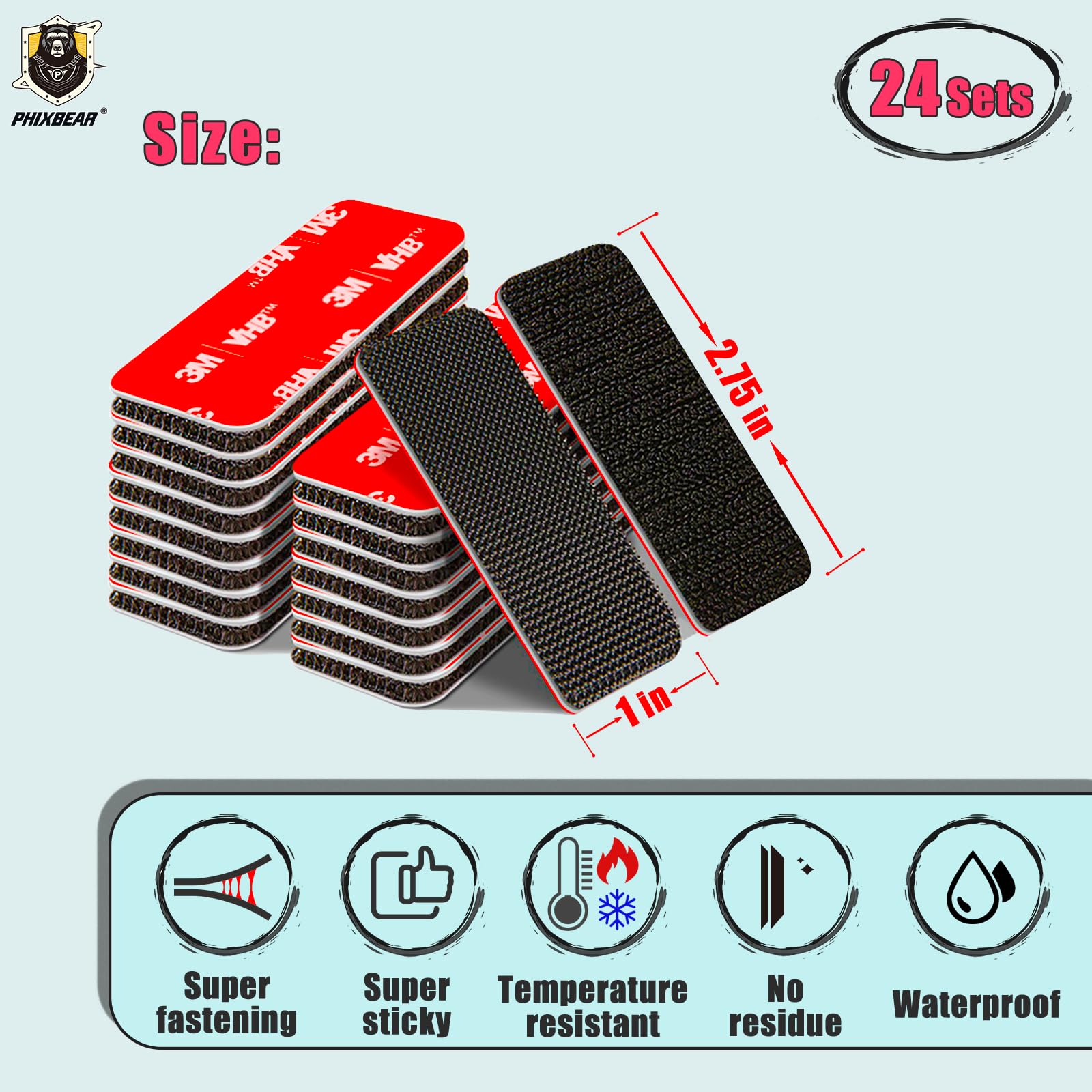 PHIXBEAR 24 Sets of Hook and Loop Tape Fasteners, Made of 3m Gpl060, No Residue, Heat and Cold Resistant, for Car Floor Mats, EZ Pass, Home, and Office, 1 X 2.75in