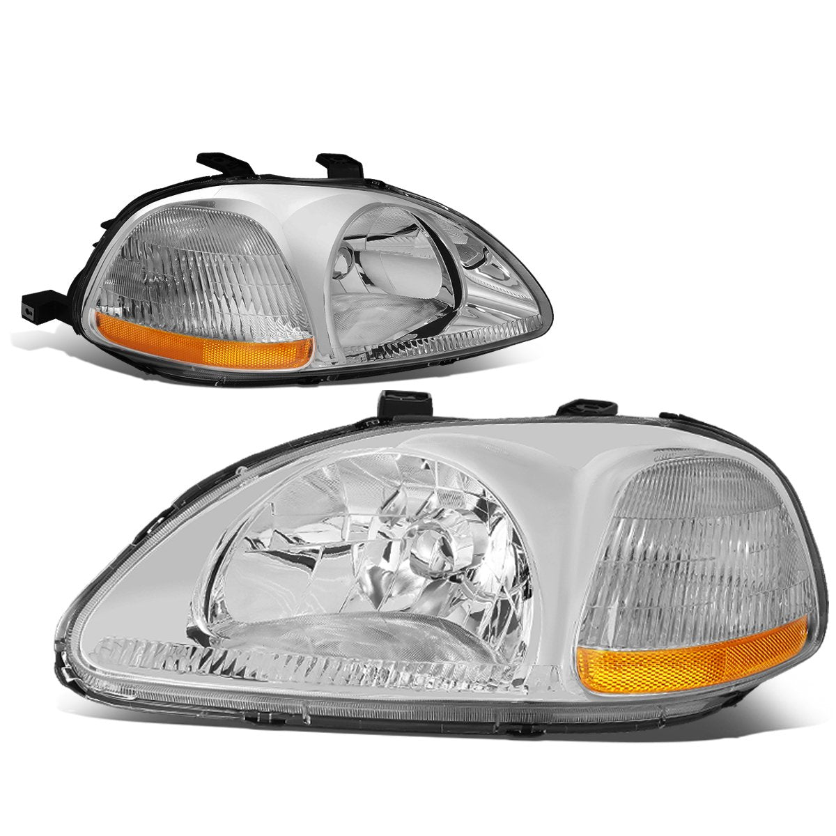 DNA MOTORING Pair Headlight Assembly Compatible With 1996-1998 Honda Civic, Chrome/Amber, HL-OH-HC96-CH-AM
