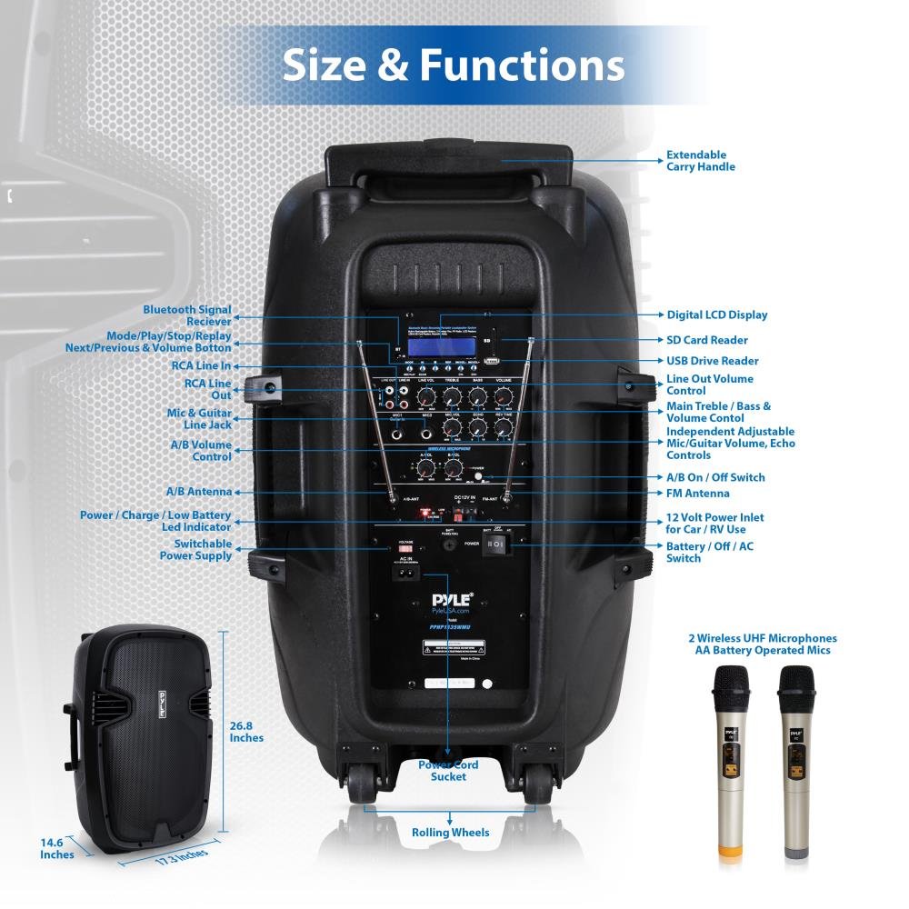 Pyle 1600 Watt, 15" Bluetooth PA Speaker-Indoor/Outdoor Portable Sound System with (2) UHF Wireless Microphones Rechargeable Battery, Audio Recording, USB/SD Readers, FM Radio (PPHP1535WMU),Black