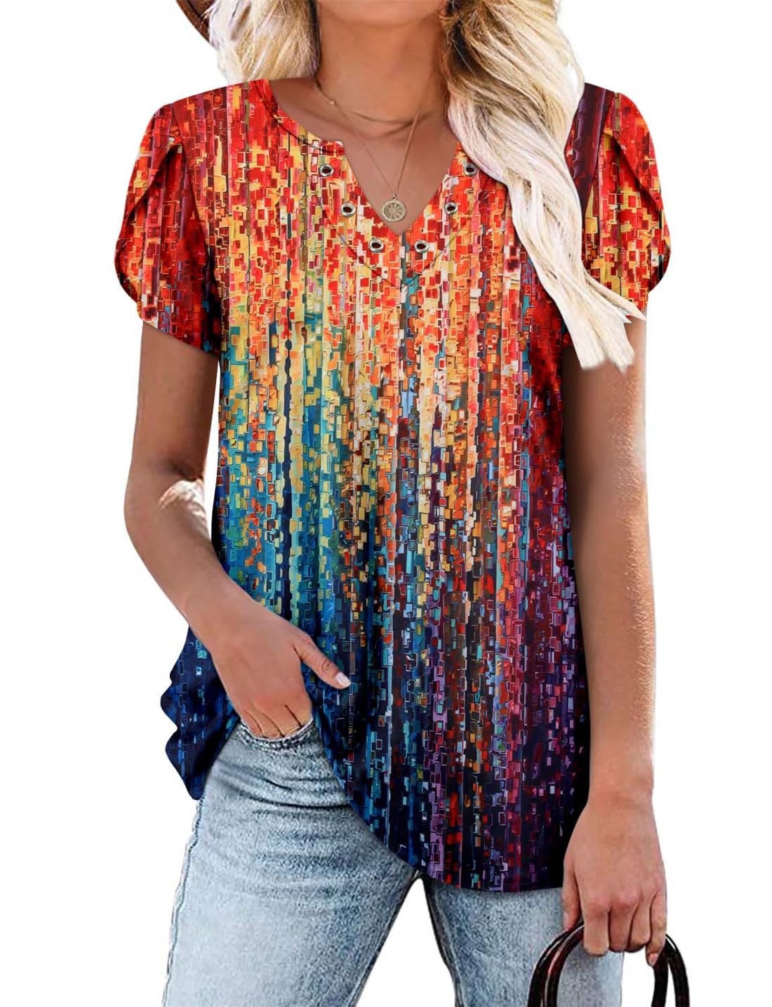 onlypuff Summer Tops for Women 2024 V Neck Short Sleeve Shirts Flattering Boho Tops Flowy Babydoll Tunic Top Blouse Rainbow XXL