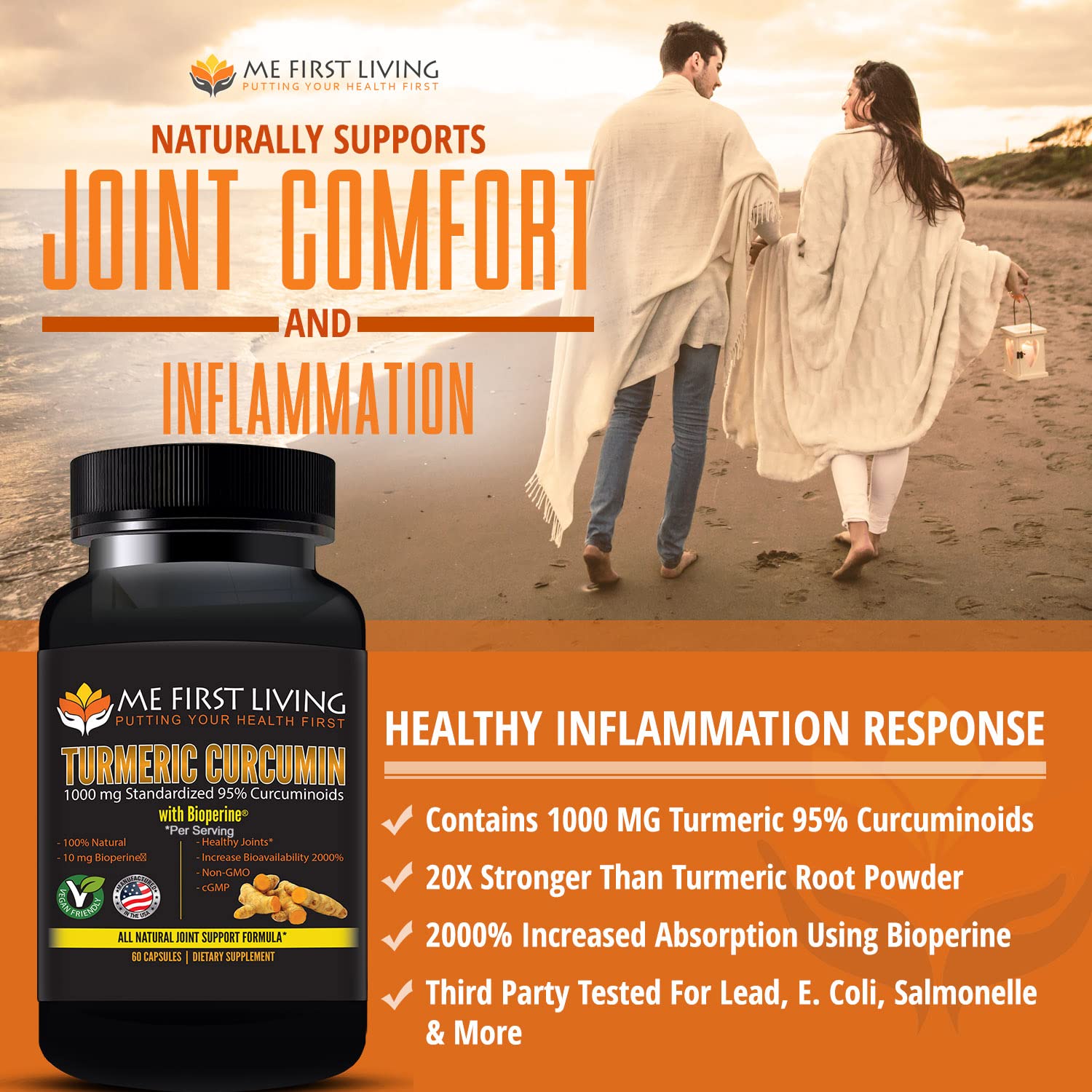 Me First Living Turmeric Curcumin 1000 mg 95% Curcuminoids, Bioperine 10 mg, 19x More Potent Than Others, Increased Absorption, Non-GMO, Organic Turmeric, Vegan, Gluten Free, 60 Capsules