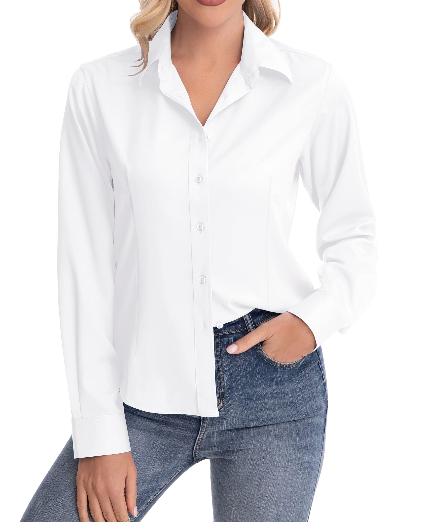 siliteelon Womens Classic-Fit Dress Shirts Long Sleeve Button Down Wrinkle-Free Stretch Solid Casual Work Office Blouse Top White Small
