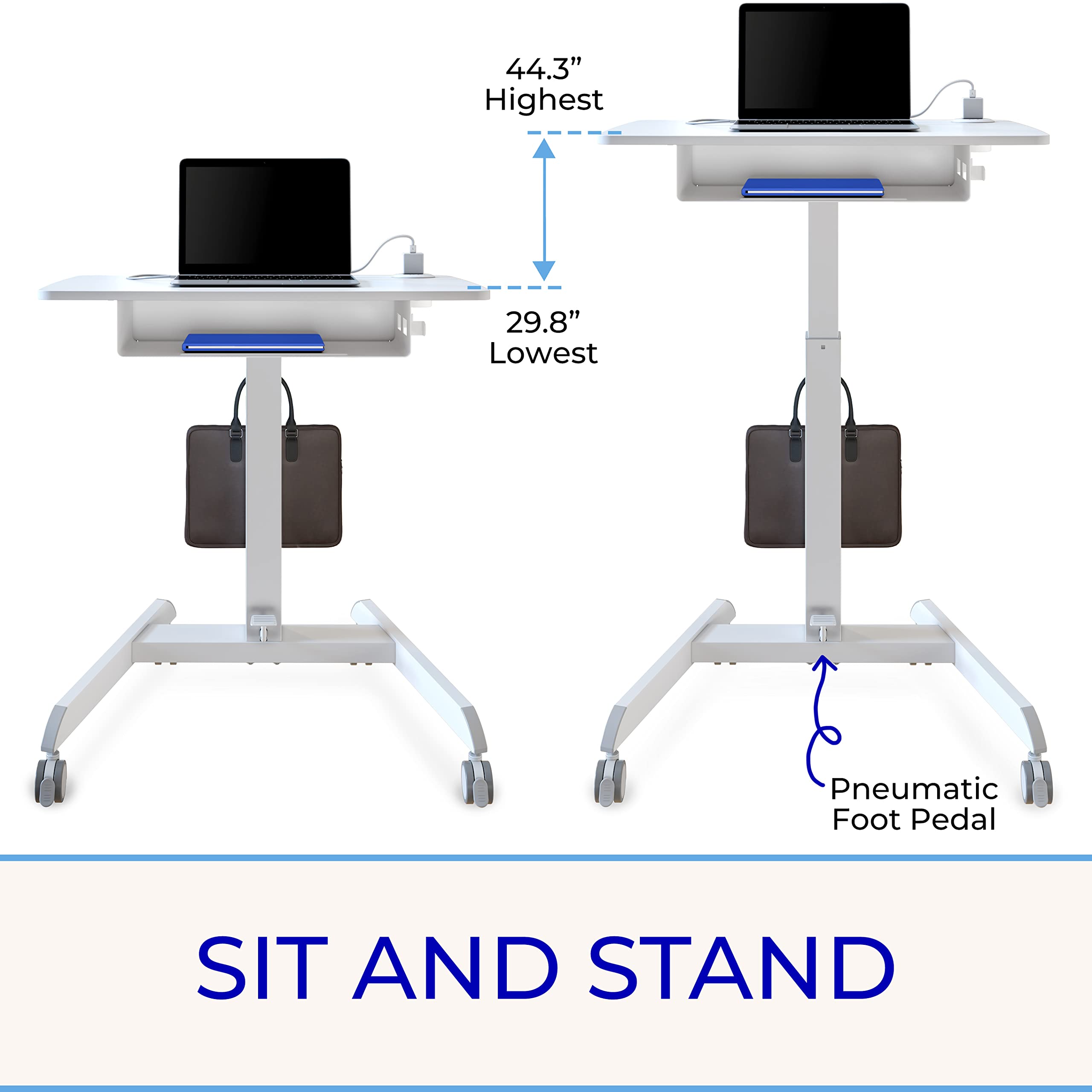 Stand Steady Cruizer™ Mobile Podium with UL Safety Certified Power Outlets | 31in Height Adjustable Student Desk with Built-In Storage | Portable Standing Desk | Rolling Laptop Desk (White/31 x 22in)