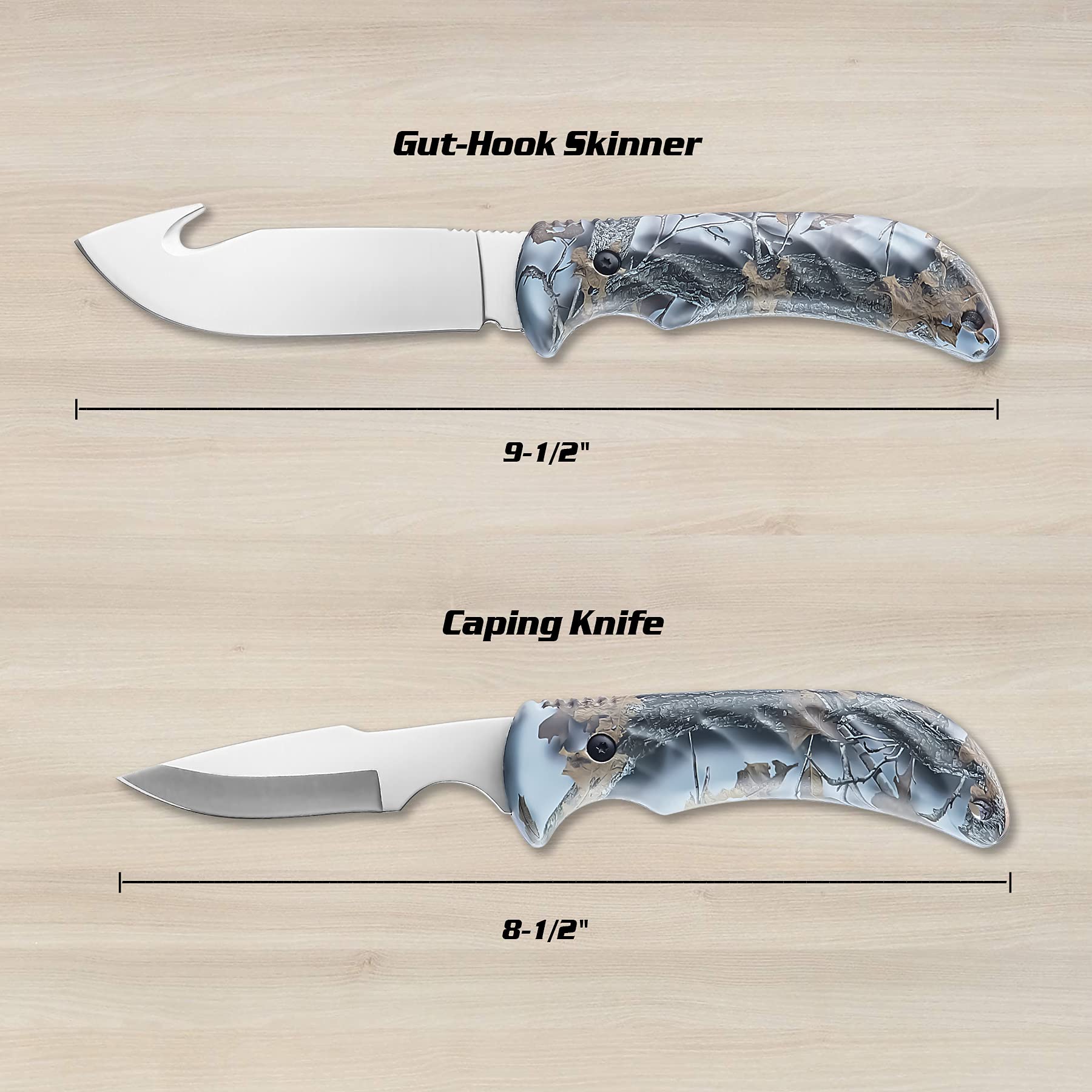 KNINE OUTDOORS 4-piece Hunting Knife and Saw Combo Set, Gut-hook Skinner, Fixed Blade Caping Knife, Nylon Belt Sheath