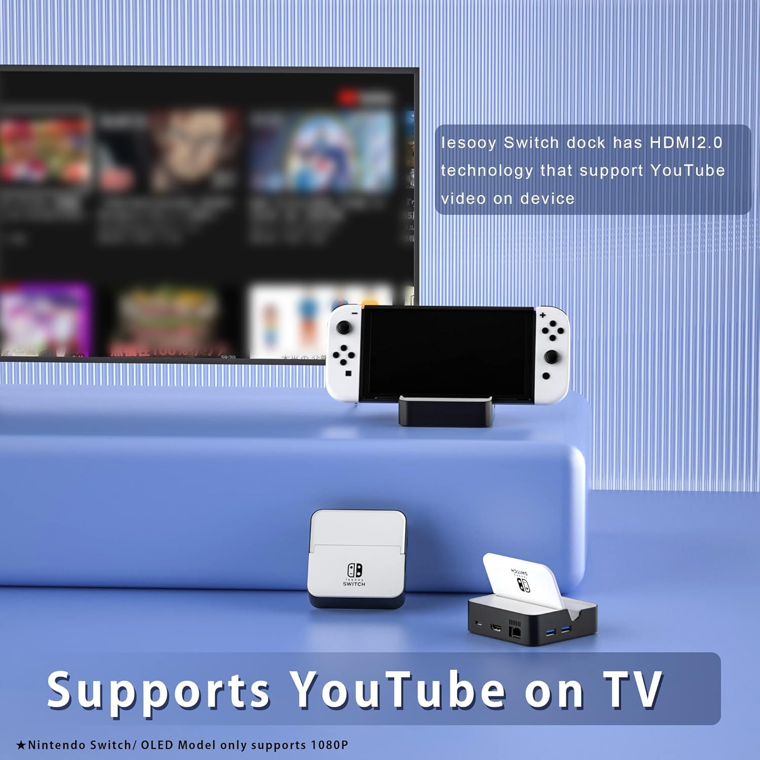 TV Docking Station for Nintendo Switch/Nintendo Switch OLED Model, 6-in-1 Switch Dock with HDMI 2.0, 100Mbps Ethernet, 2 USB-A 2.0, 1 USB 3.0,100W USB-C Charging Port, Supports YouTube On TV