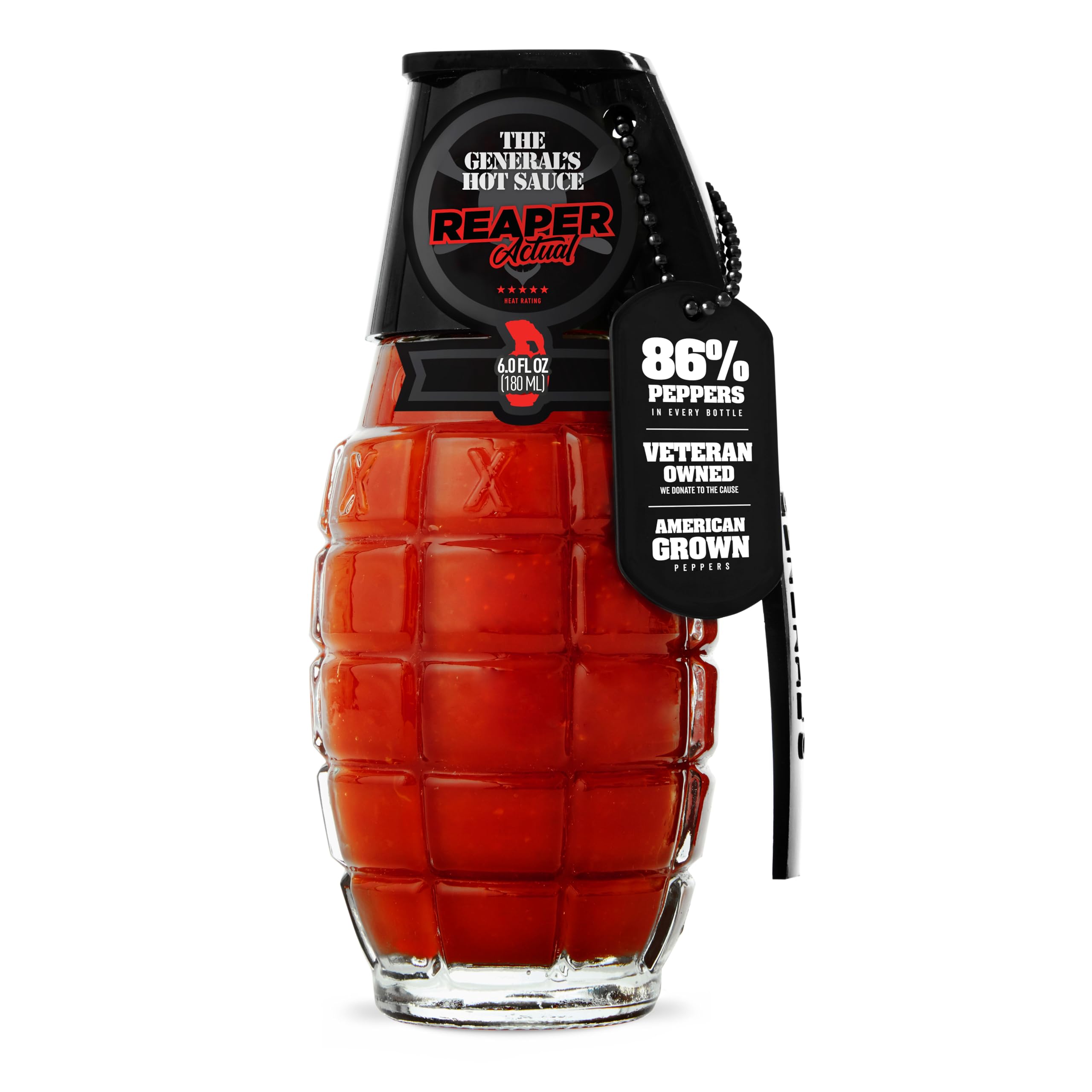 The General’s Hot Sauce Reaper Actual - Carolina Reaper, Cayenne, Chipotle Peppers - 5/5 Heat Rating, Spicy Sauce - Great for Wings, Tacos, Holiday Hot Sauce Gift - American Grown, Veteran-Owned, 6oz