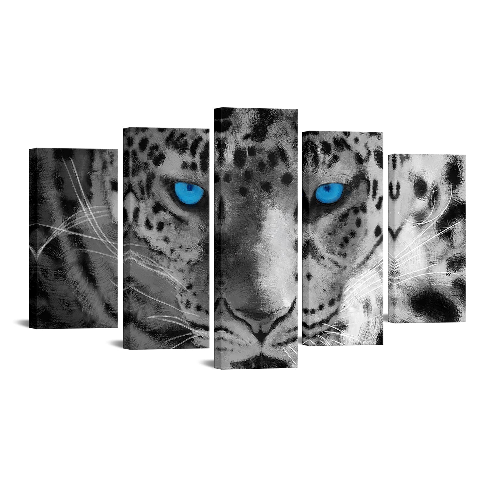 DuoBaorom 5 Piece White Leopard Blue Eyes Picture Canvas Animal Wall Art for Bedroom Living Room Decor