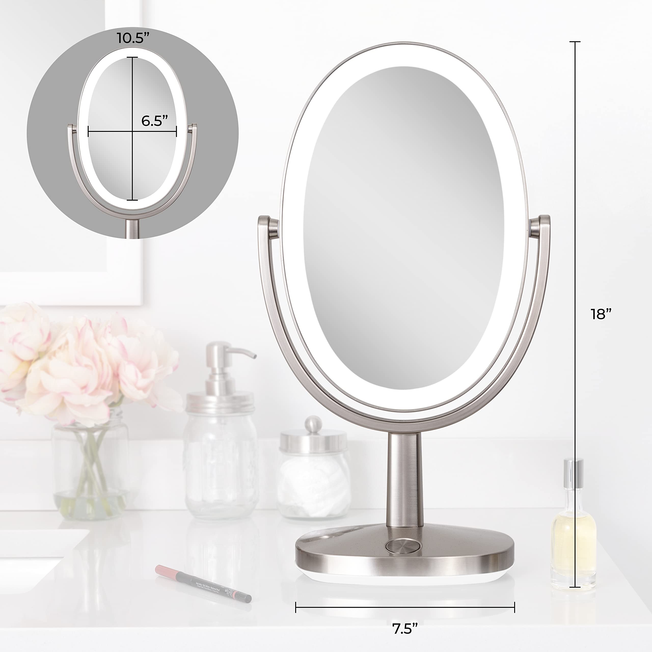 Zadro Newport 10" by 18" Oval LED Lighted Makeup Mirror with Magnification 5X/1X Touch Control Makeup Mirror with Lights