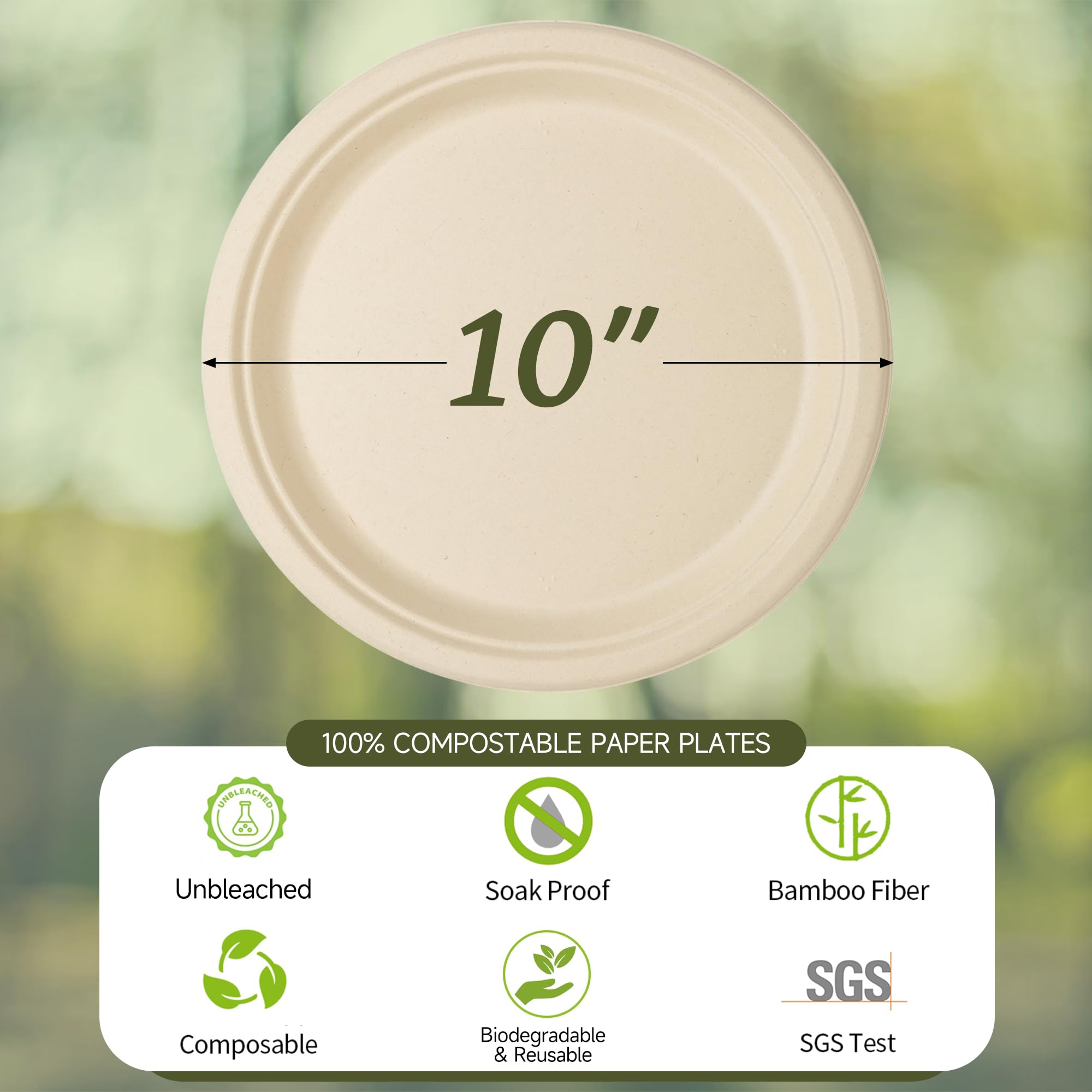 FRUTLE Paper Plates 10 Inch Heavy Duty - Disposable -Composable Large Paper Plates Bulk Eco-Friendly Unbleached-Everyday Use Parties Commercial Settings 100 Count