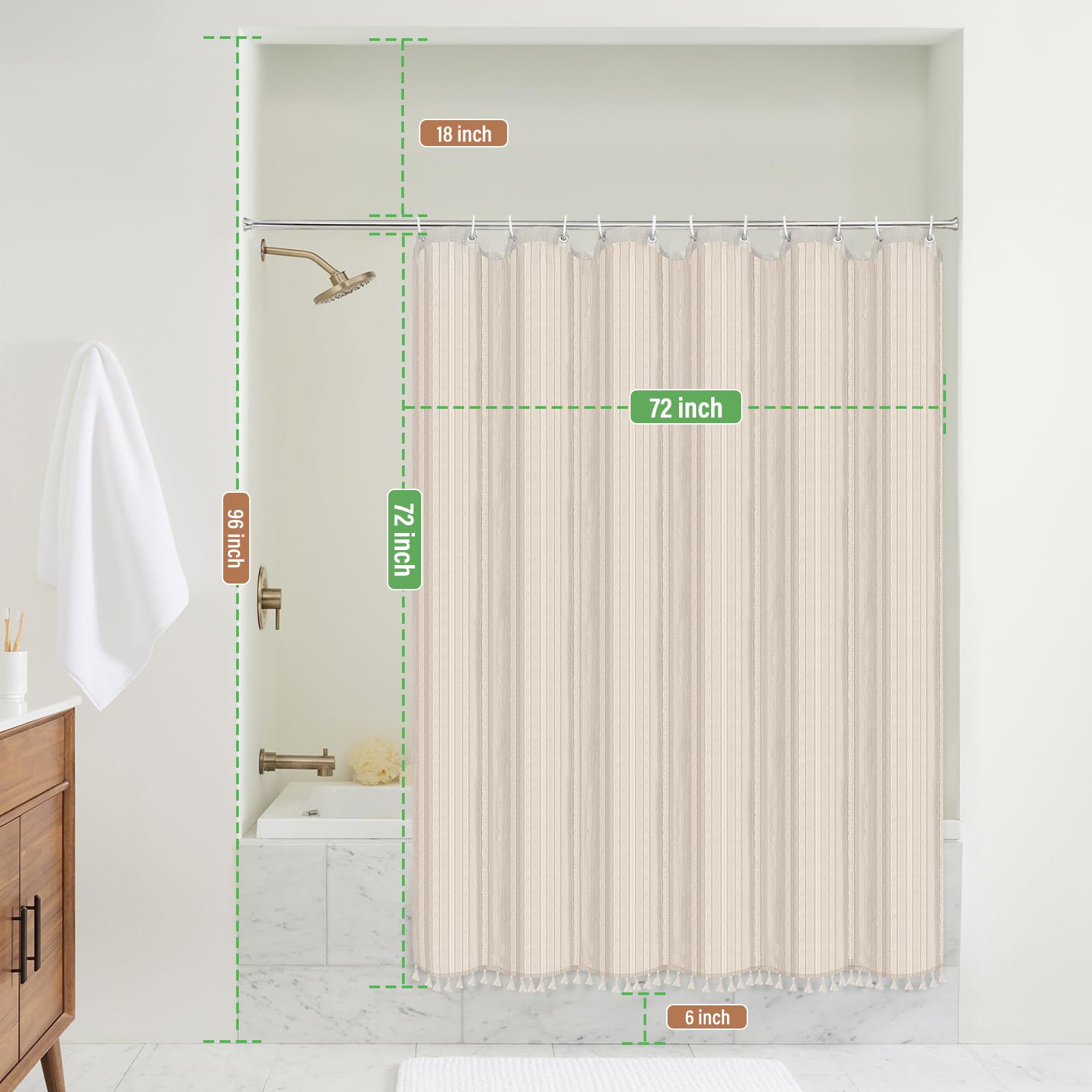 Seasonwood Beige Boho Shower Curtain 72 x 72 Textured Vertical Striped Shower Curtain Bohemian Chic Tassel Neutral Shower Curtains Beige/Cream