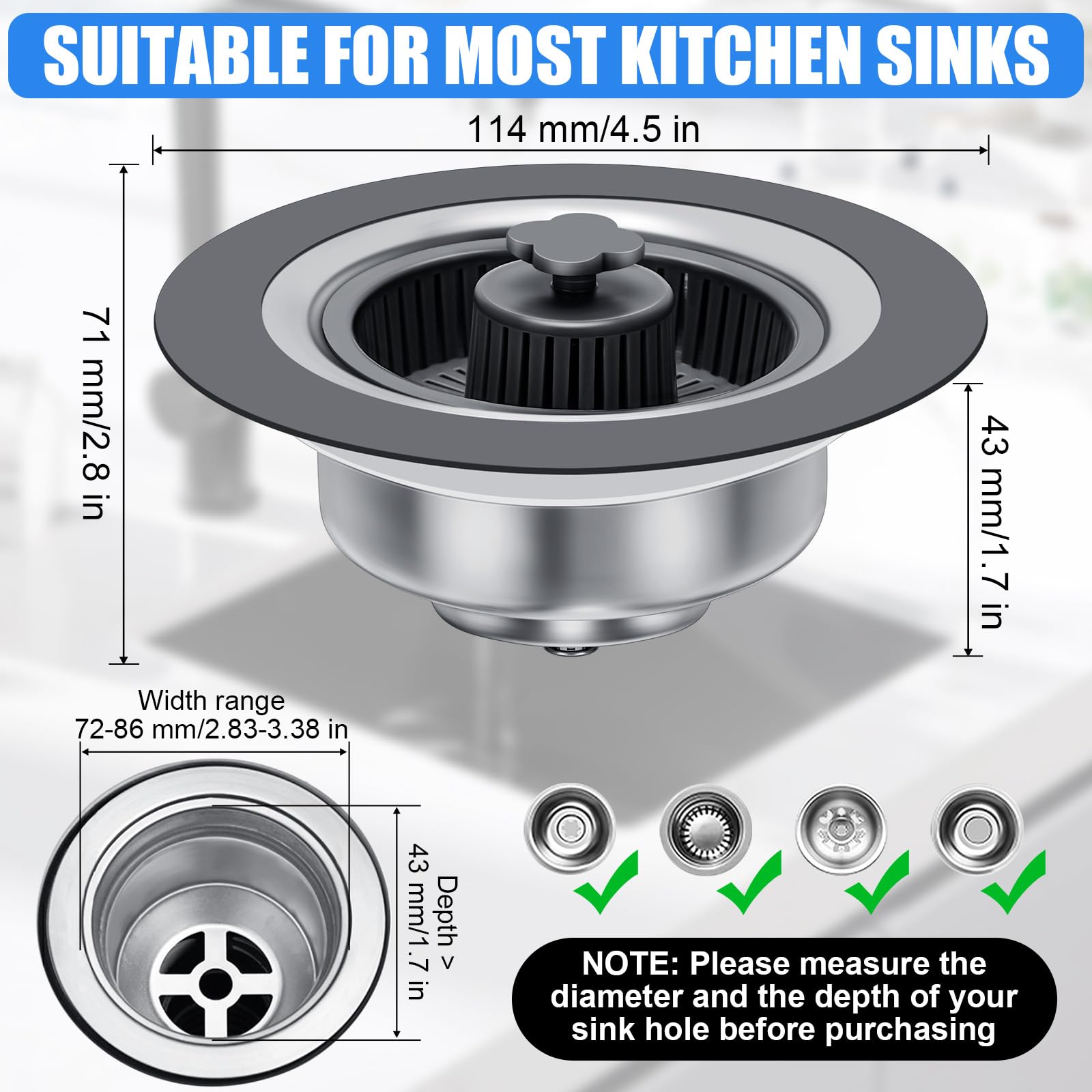 Kitchen Sink Drain Strainer, Augot New Upgraded Sink Drain Strainer & Stopper Kit Stainless Steel Pop Up Drain Stopper with Strainer Basket, Fast Drainage Sink Strainer for Standard 3-1/2 Inch Drain