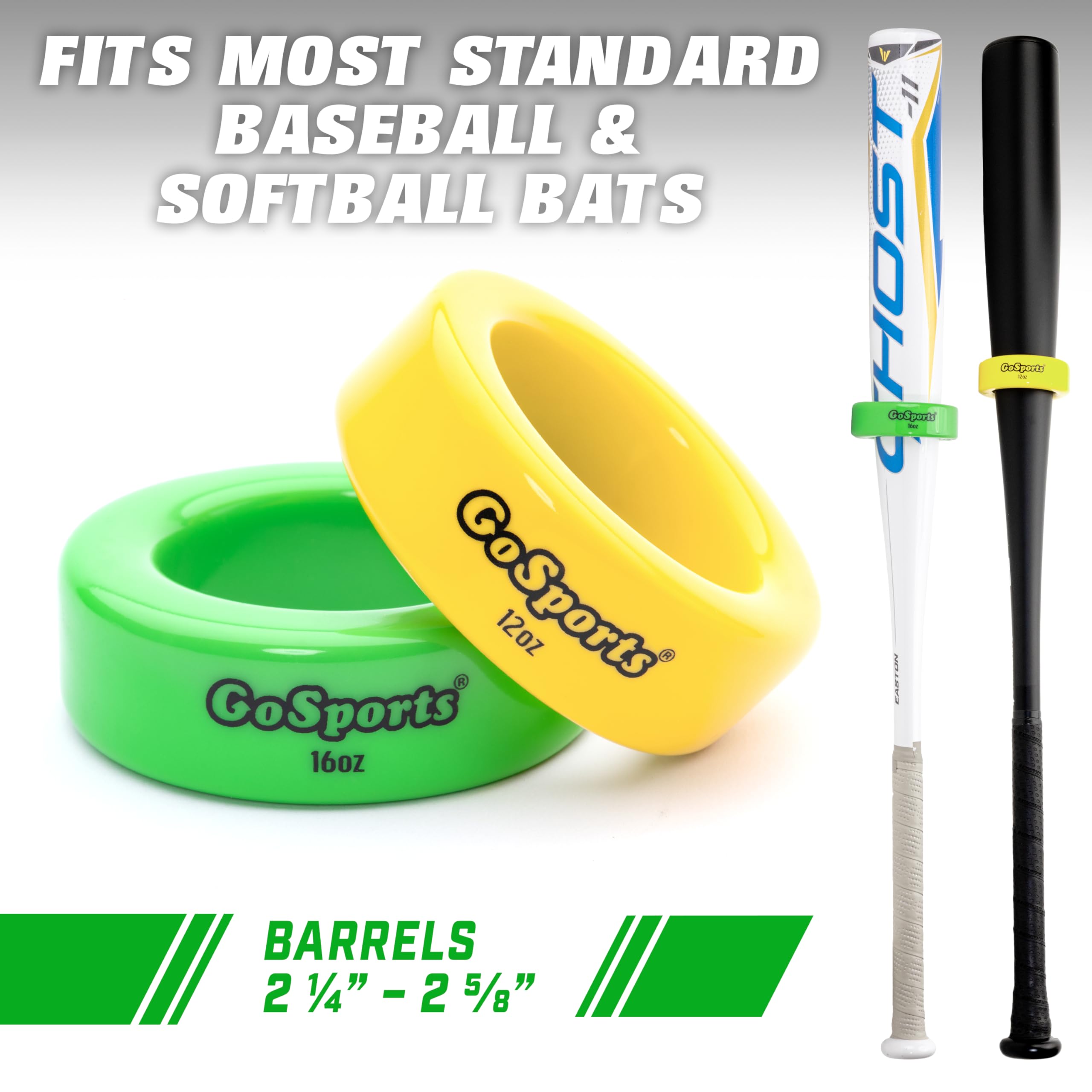 GoSports Baseball and Softball Bat Weights - 2 Pack Baseball Donuts - 16 oz & 12 oz