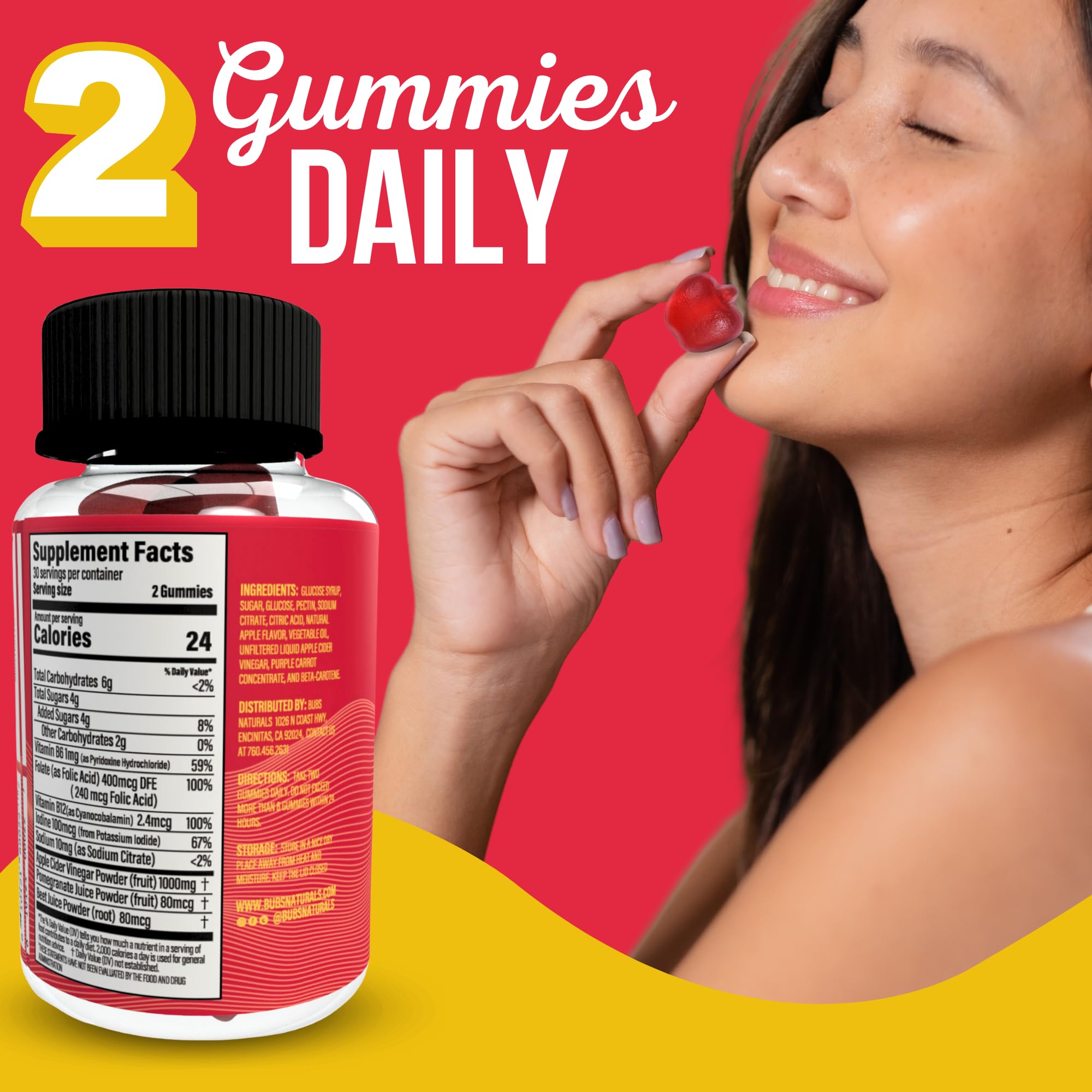 BUBS Naturals Apple Cider Vinegar Gummies - with The Mother - All Natural Vegan ACV Gummy Vitamins - Supports Detox, Digestion - Energy Booster with B Vitamins - 60 Count