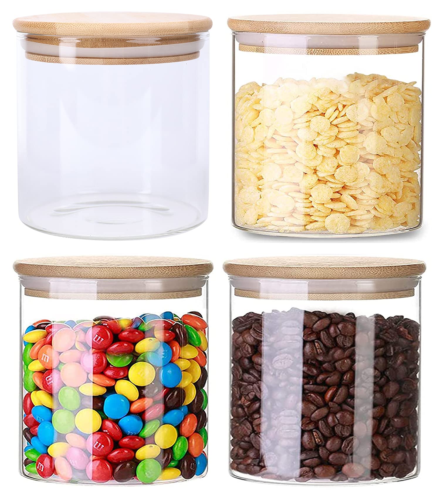 Lawei 4 Pack Glass Storage Jars with Airtight Bamboo Lids, 18.6 OZ Clear Glass Kitchen Canisters Food Storage Container for Dry Goods, Serving Tea, Coffee, Spice, Candy, Cookie