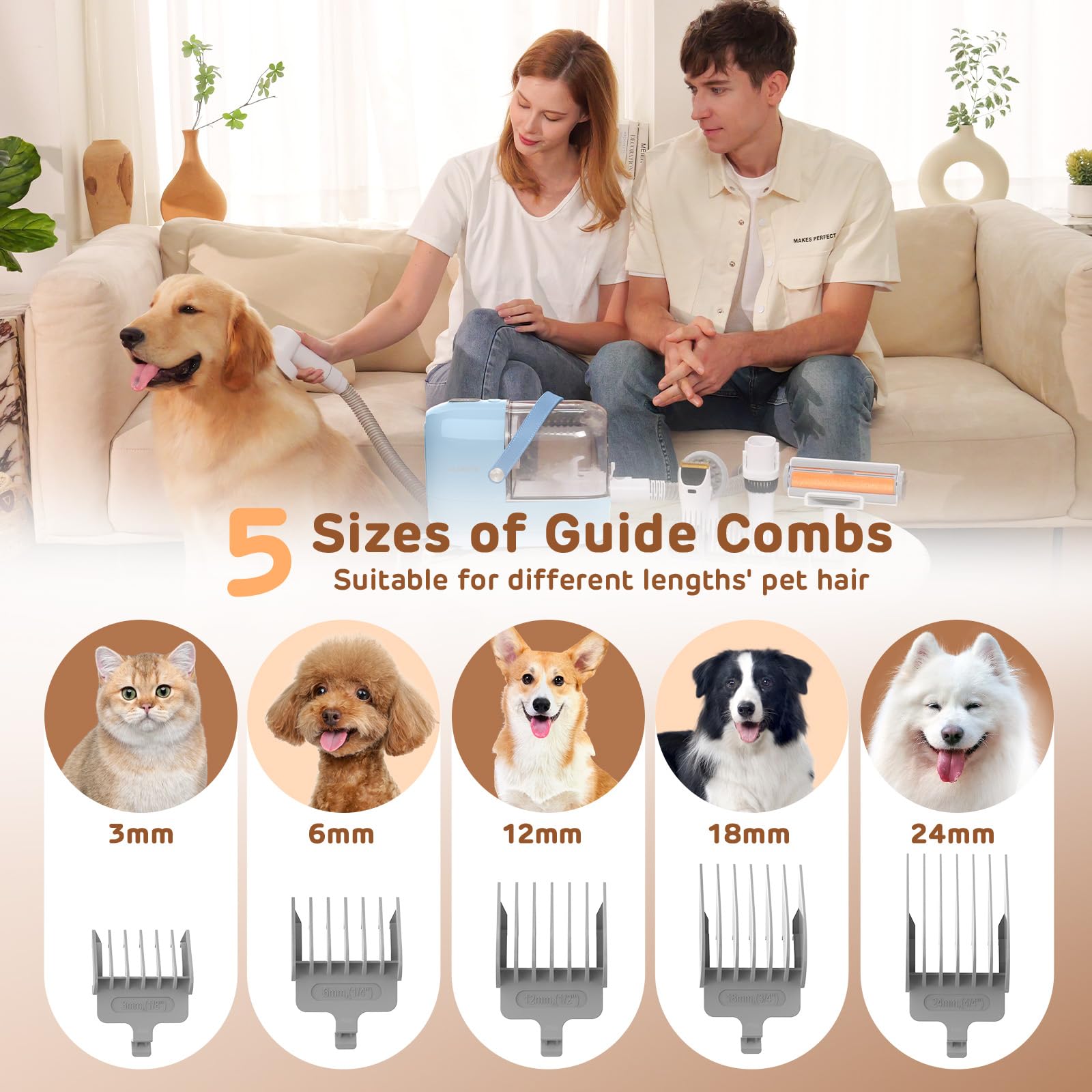 HEAPETS Dog Grooming Vacuum Kit, 3L Pet Grooming Vacuum with 7 Pet Grooming Tools, Dog Vacuum for Shedding Grooming at Home with Low Noise Electric Clipper and Brush, Blue-Light Blue