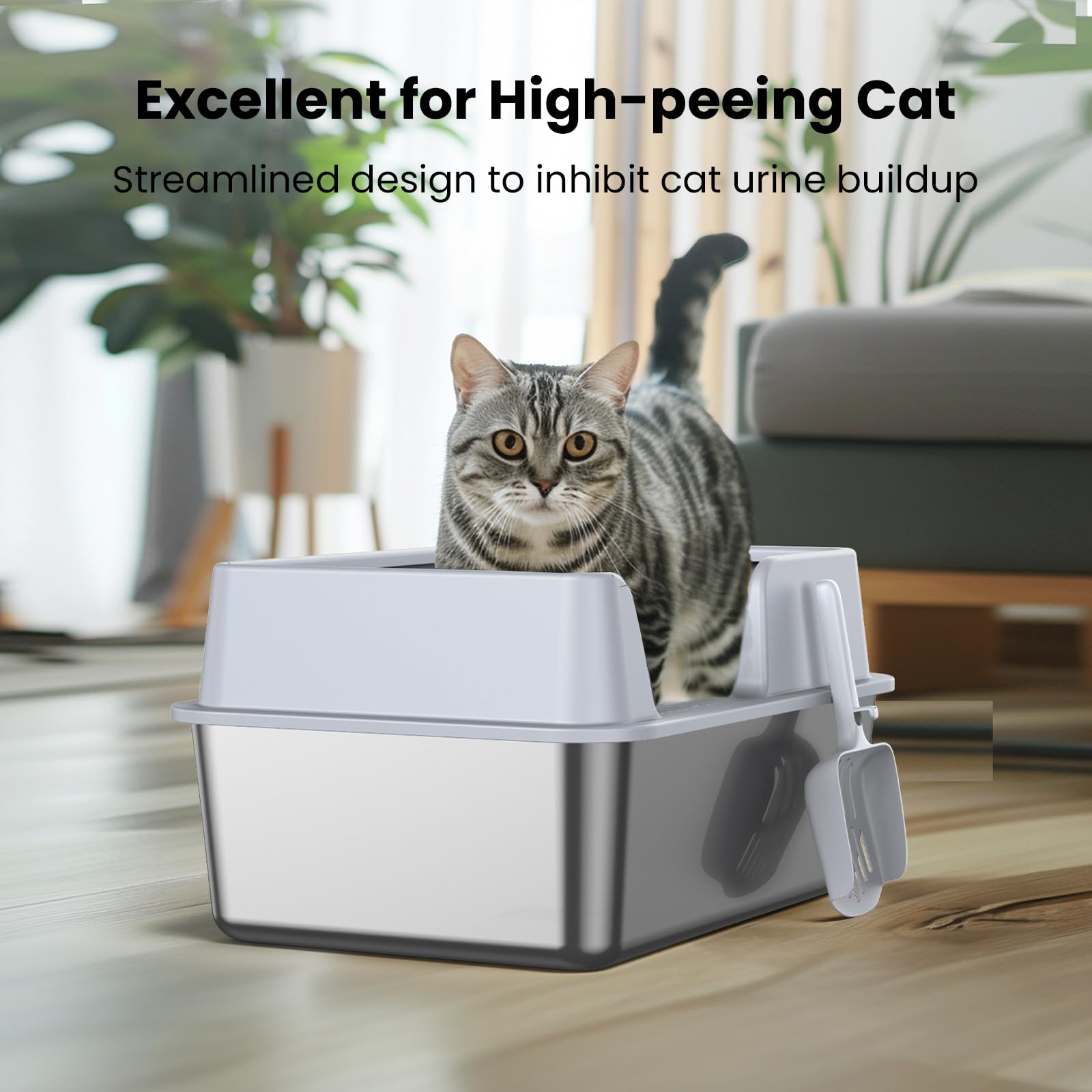 Stainless Steel Cat Litter Box with Lid, NAUGHTYTRIBE Covered Litter Box for Cats Metal Litter Pan Tray with High Wall Sides Enclosure, Anti-Leakage, Include Litter Scoop, Size:19.5"x13.6"x9.5"