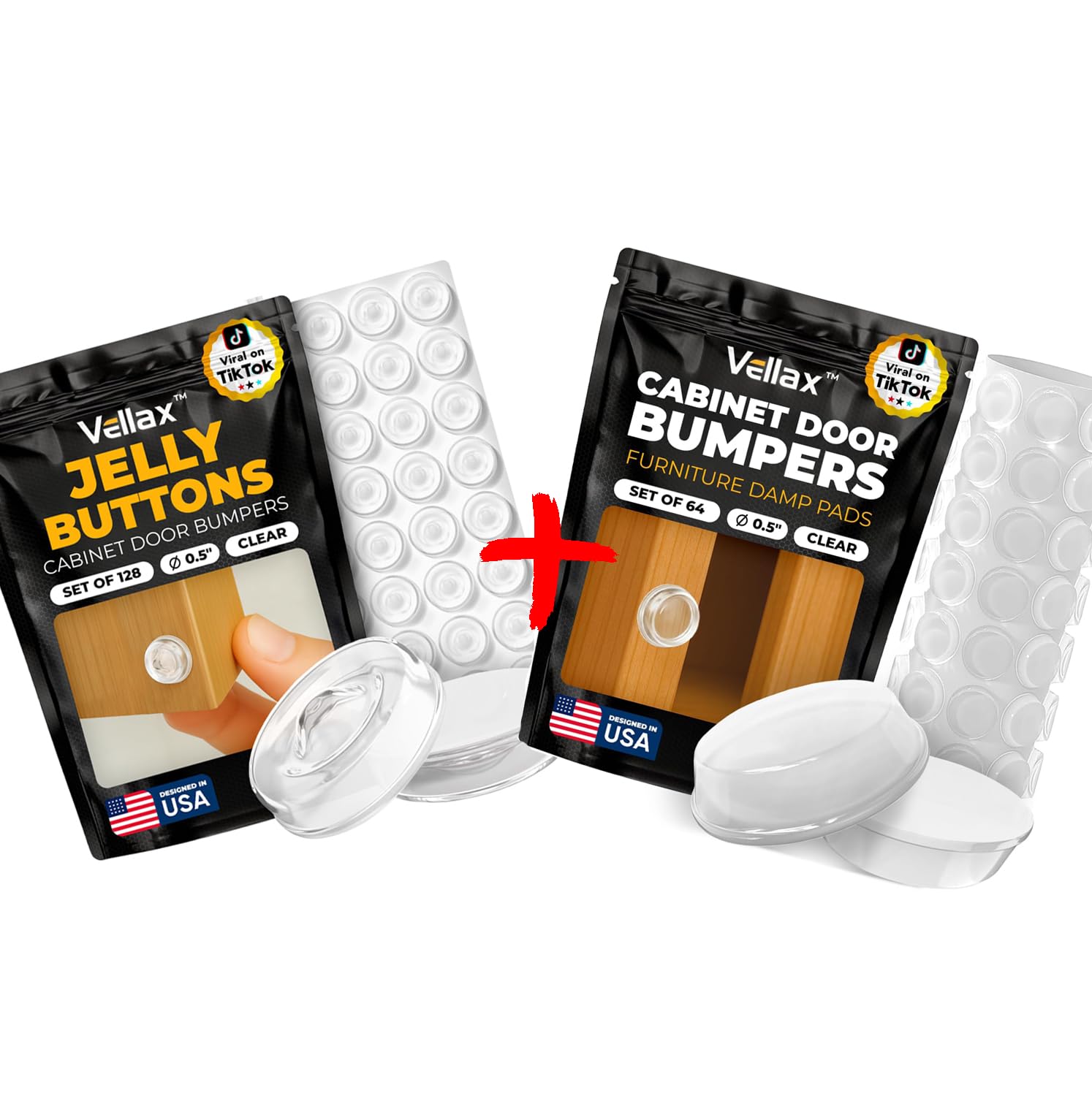 Vellax 128 Self Adhesive Cabinet Door Bumpers & 64 Clear Cabinet Door Bumpers - Sticky Clear Silicone Rubber Pads for Furniture Drawers, Kitchen Cabinets