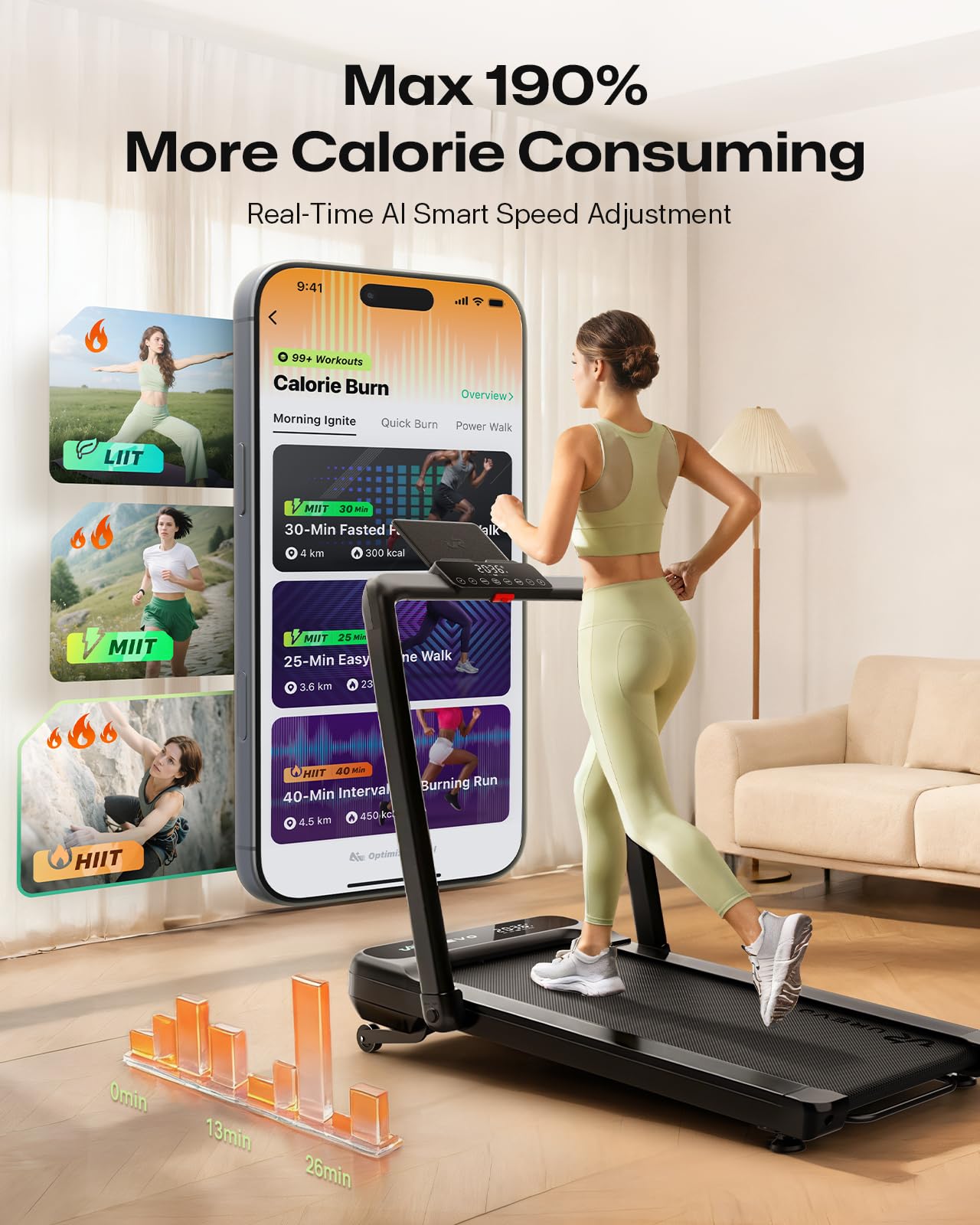 UREVO Smart Treadmill with 9% Incline, 3-in-1 Foldable Treadmill with Handle for Home/Office Fitness, Runner-Focused Design, 6 HIIT Programs & Auto Incline Follow Mode, 2 Display Screens, Plug & Play