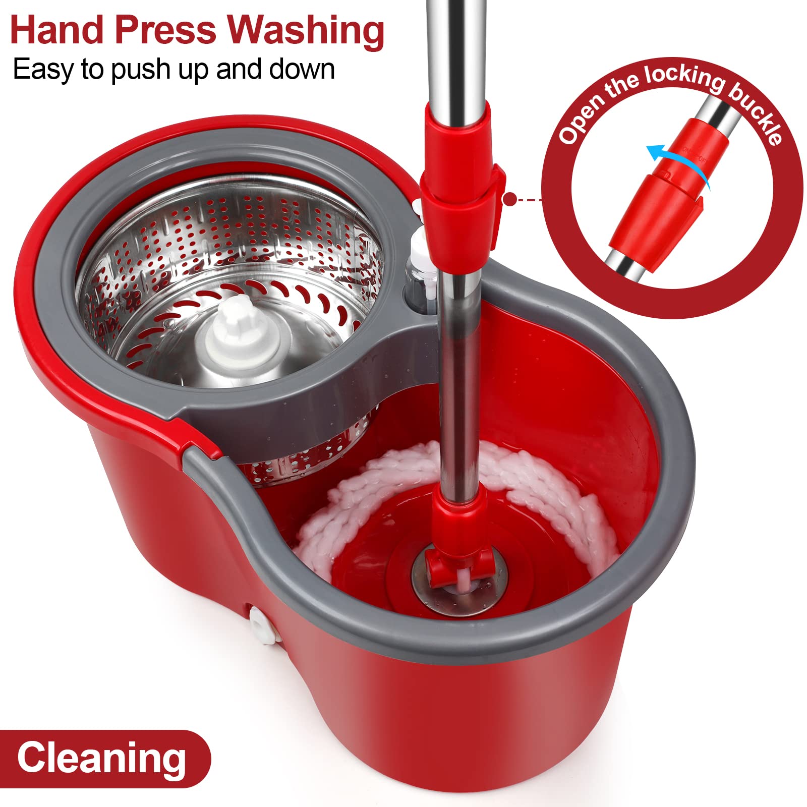 PULNDA Spin Mop and Bucket with Wringer Set,Mop and Bucket Set for Floor Cleaning with 3 Mop Refills 61 inches Telescoping Mop Rod for Office and Home use,Red,(360 Mop bucket)