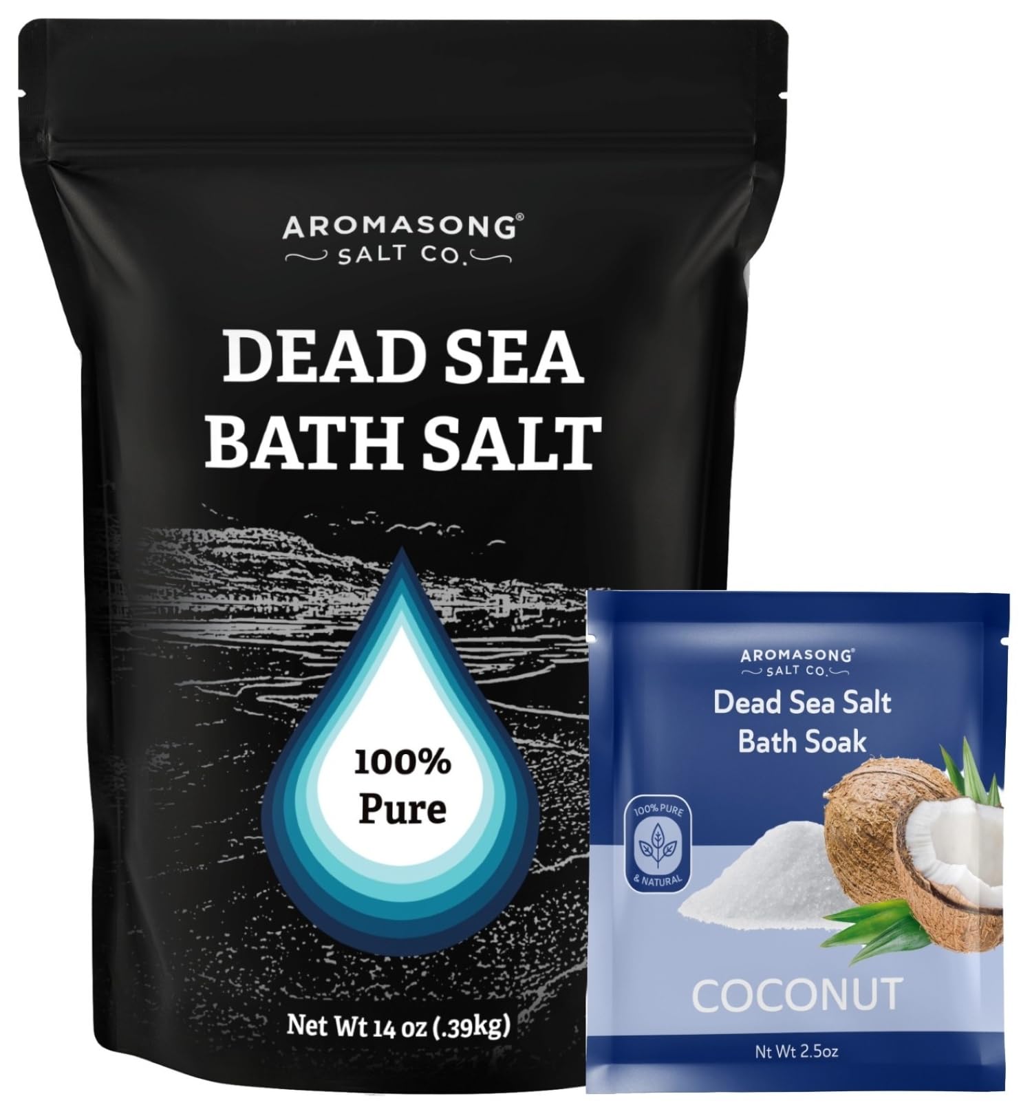 Aromasong Unscented Dead Sea Bath Soak 14 oz + Coconut Dead Sea Salt 2.5 oz Bundle – Mineral-Rich Skin Softening, Relaxation & Tropical Aromatherapy for Home Spa and Foot Soaks