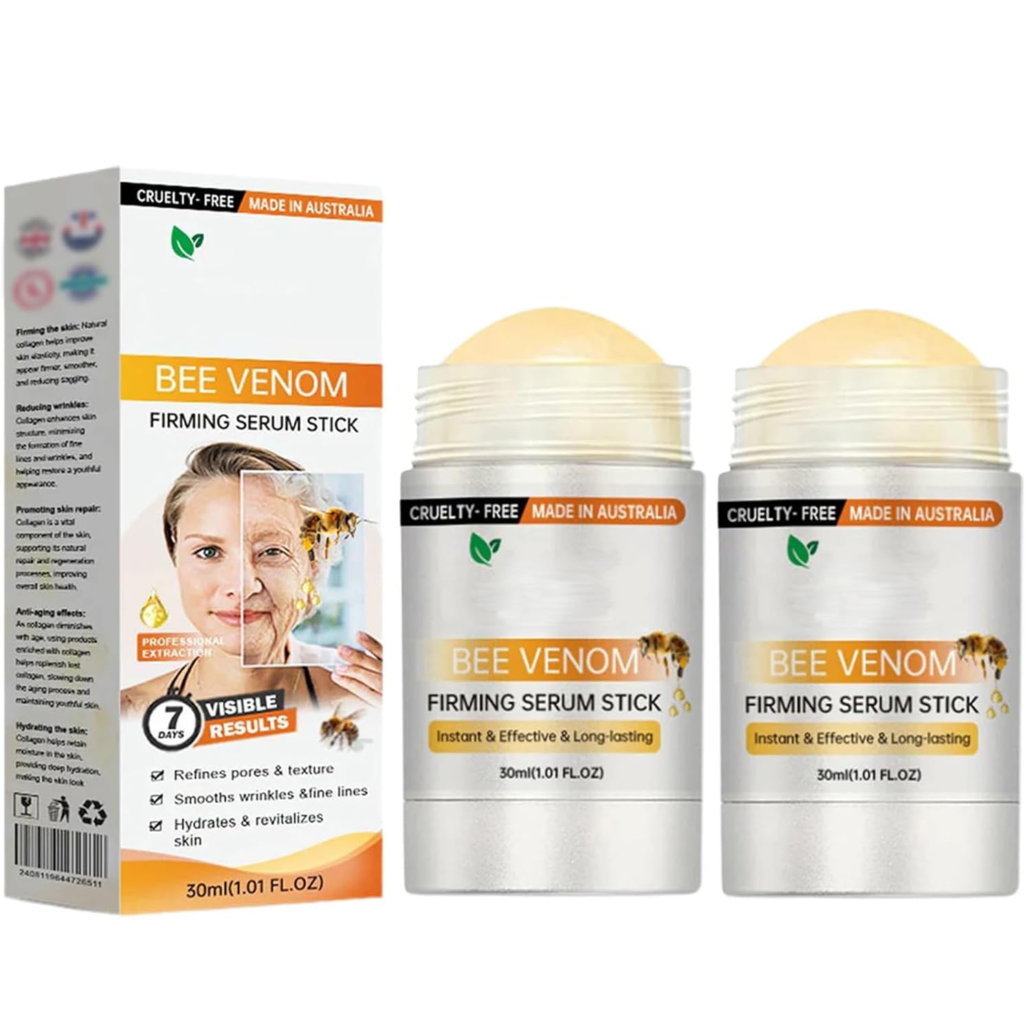 Bee Venom Firming Serum Stick, Firming anti-Wrinkle Cream, Lifts and Tightens the Skin, Effectively Solving Wrinkles and Fine Lines, Natural Bee Venom Serum for All Skin Types (2PCS)