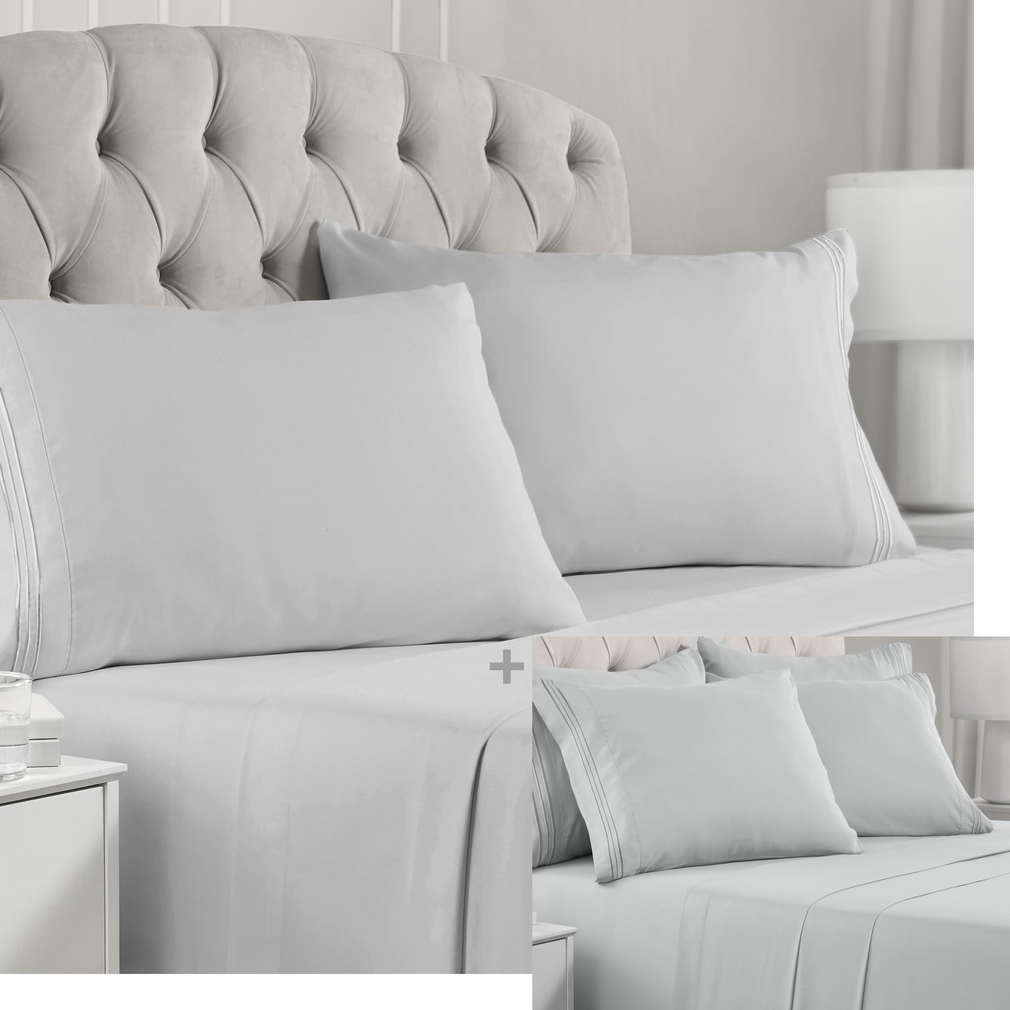 Mellanni 4PC Bed Sheet Set + 6PC Bed Sheet Set Bundle&Save - 10 PC Iconic Collection Bedding Sheets & Pillowcases - Bundle Includes: 2 Flat Sheets, 2 Fitted Sheet and 6 Pillow Cases (King, Light Gray)