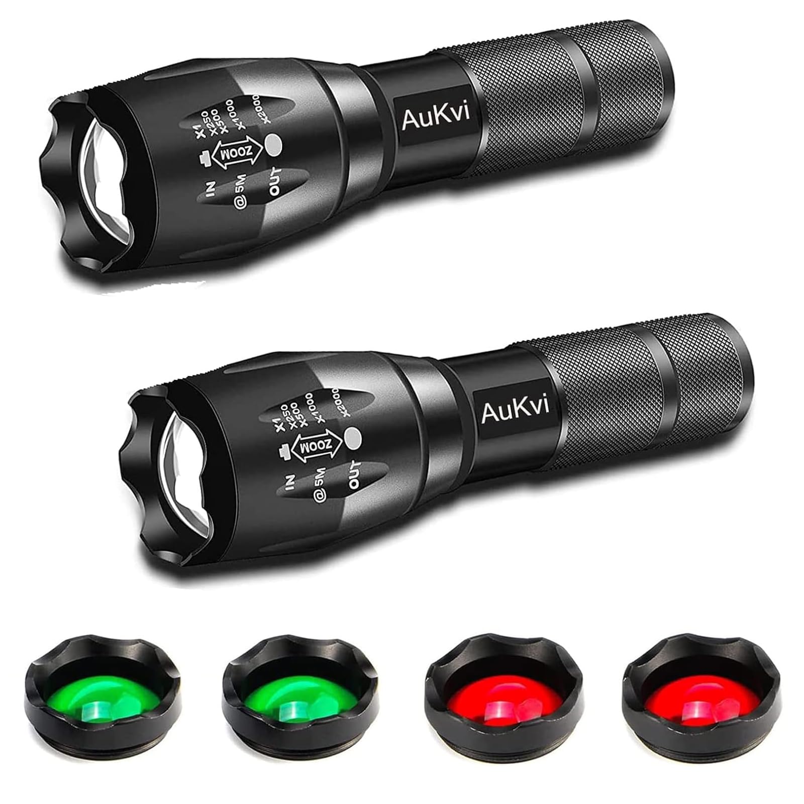 AuKvi 3-Color-Light Flashlight Tactical Flashlight with Red Green Filter Zoom 2000 lumens 5 Modes Waterproof Flashlight