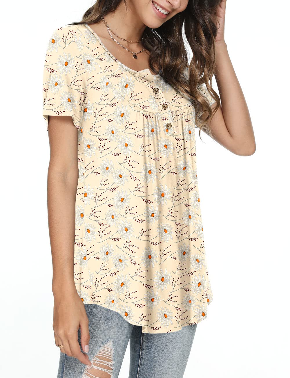 POPYOUNG Women's Plus Size Summer Tunic Tops Short Sleeve Henley Shirts Ladies Flowy Blouses M-4XL 2XL, white Chrysanthemum