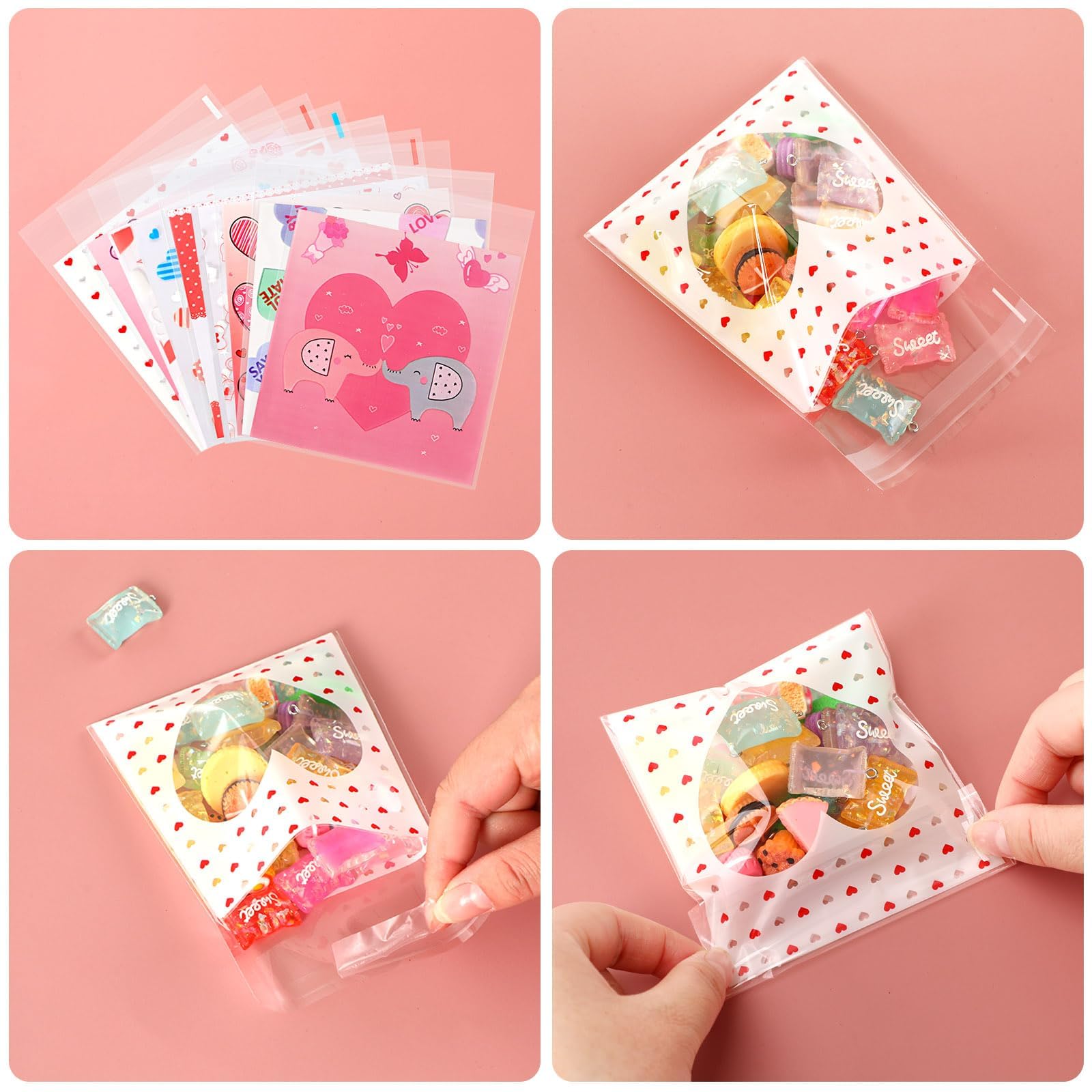 FEBSNOW 450 PCS Valentines Cellophane Bags Heart Self-adhesive Candy Bags Clear Plastic Cookie Treat Bags for Valentine's Day Holiday Party Gift Decoration Supplies Favor (9 Styles)