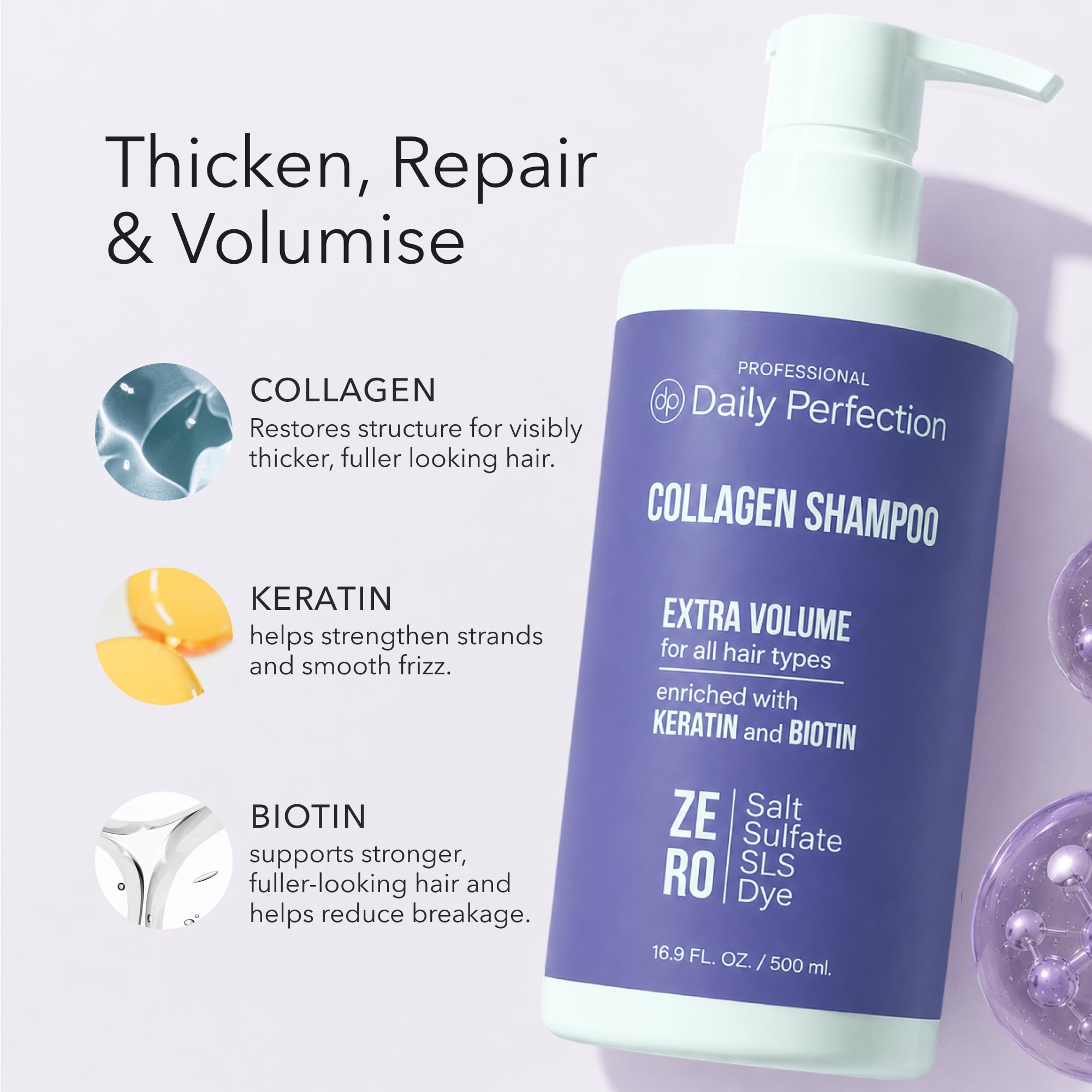 Daily Perfection Collagen Volumizing Shampoo - Extra Volume Daily Cleanser with Biotin and Keratin for All Hair Types - Salt, Sulfate and Paraben Free - 16.9 Fl Oz