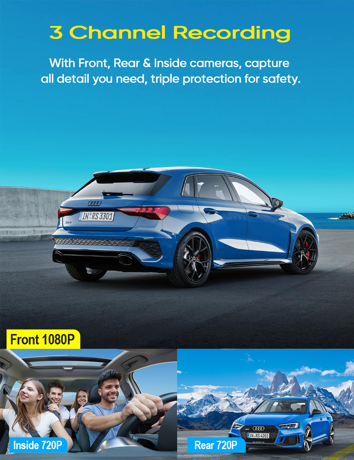 Galphi 3 Channel Dash Cam Front and Rear Inside, 1080P Dash Camera for Cars, Dashcam Three Way Triple Car Camera with IR Night Vision, Loop Recording, G-Sensor, 24 Hours Recording, Support 128 GB Max