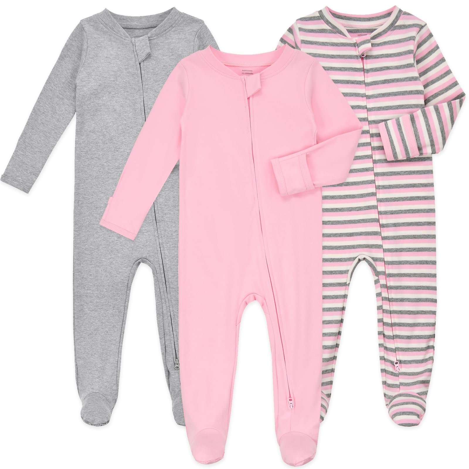 Aablexema Baby Footie Pajamas with Mittens - 3Pcs Infant Footed Sleeper Cotton Sleepwear Outfits(Pink/Grey/Stripe,9-12m)