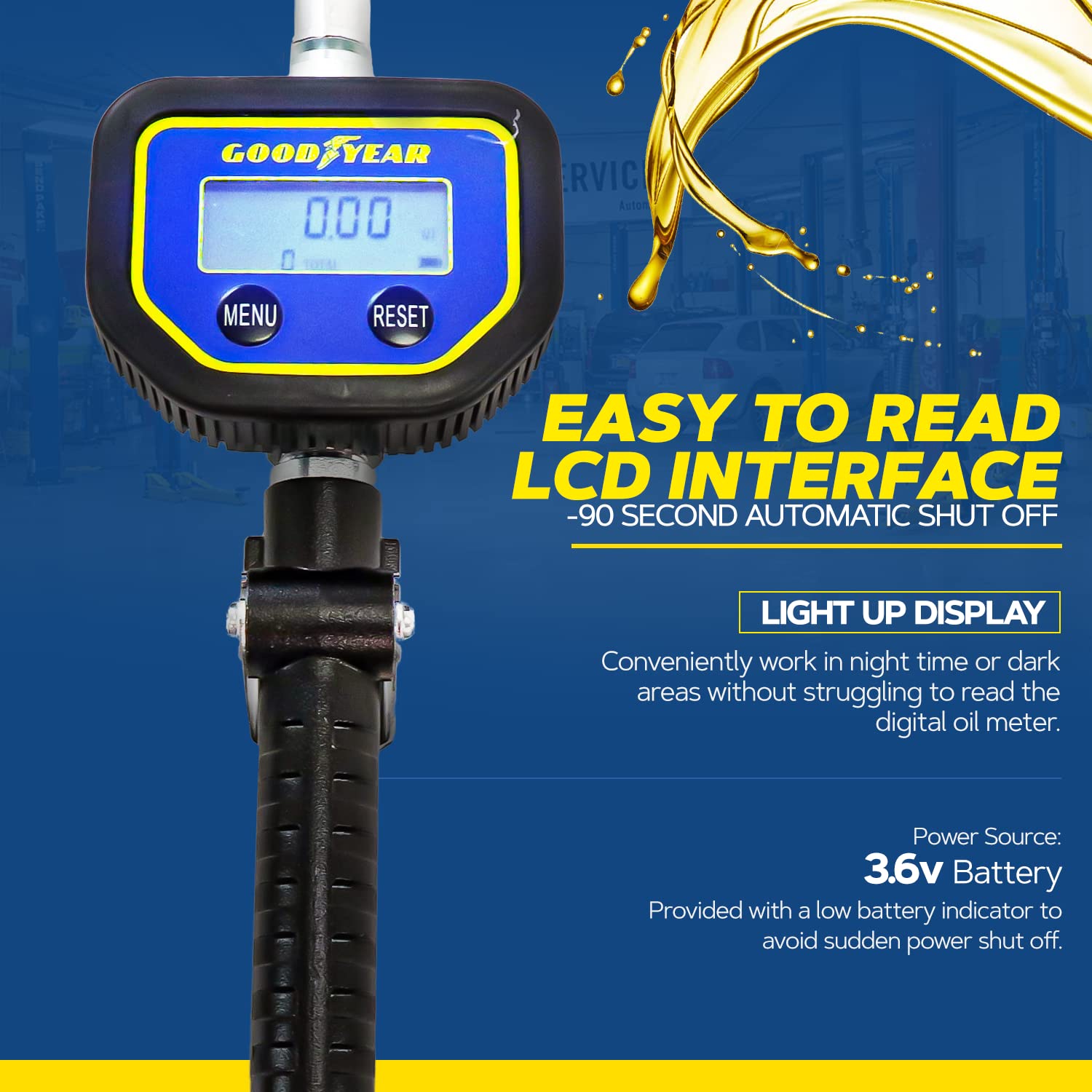 GOODYEAR Digital Oil Control Valve Meter Nozzle 10 GPM / 35 LPM Heavy Duty Air Operated Pneumatic 1/2" inch NPT Inlet Pressure Range 7-1500 Psi 5-100 Bar with Flexible Spout (Not for Gasoline)