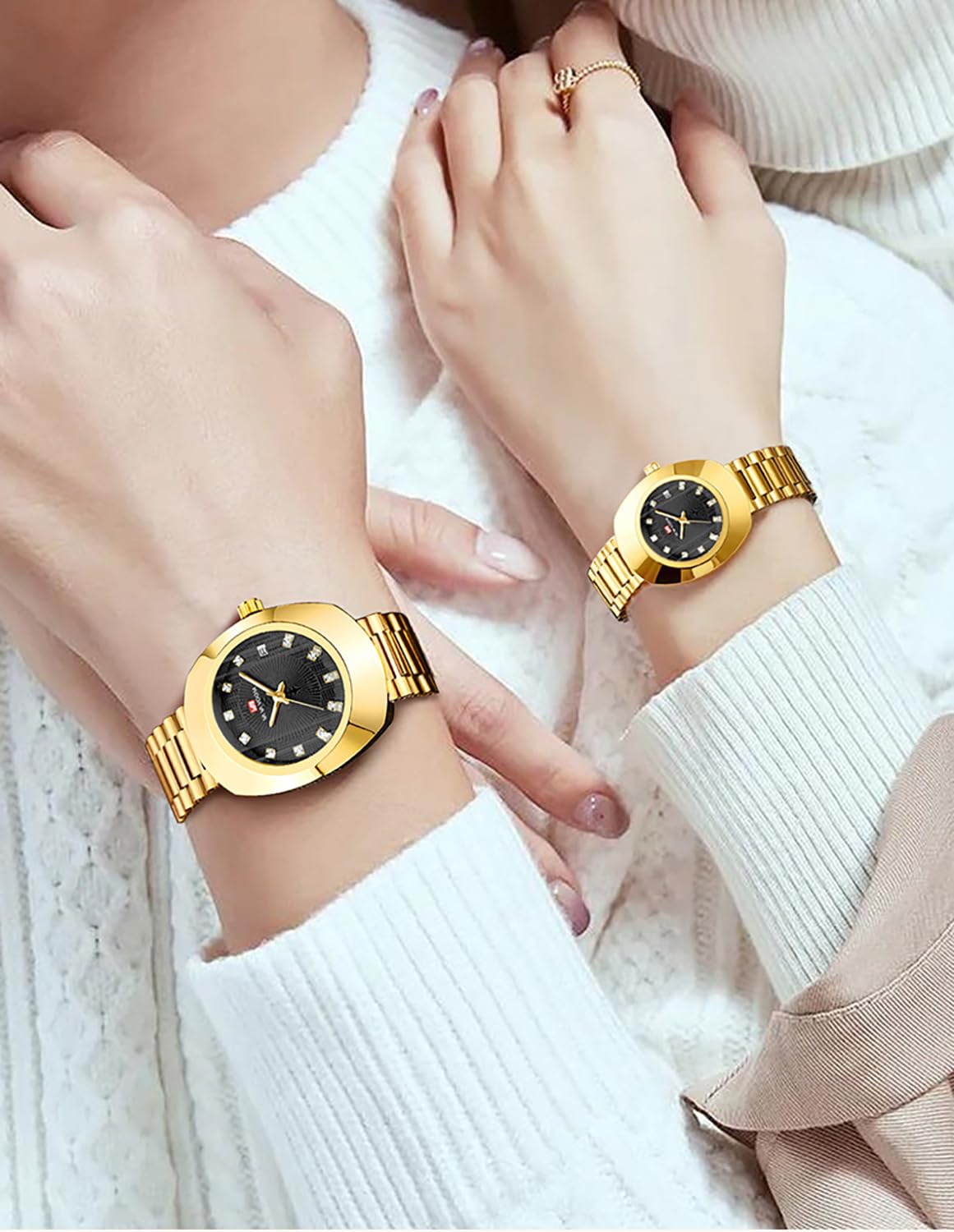 BESTKANG Valentines Couple Watches Oval Unisex Style Couple Waterproof Casual Stainless Steel Lovers Wedding Romantic Watches (Woman Gold Black)