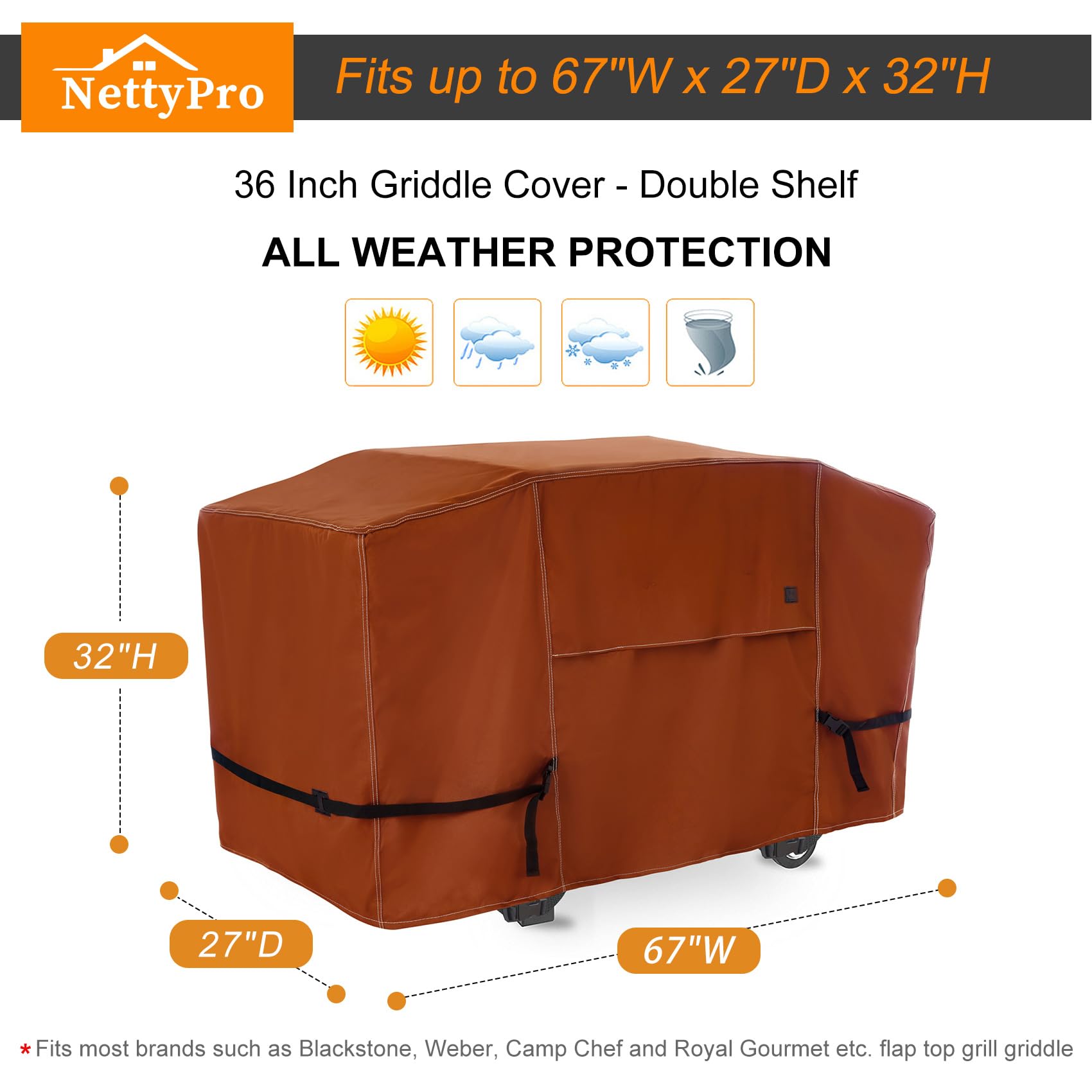 NettyPro Griddle Cover for Blackstone 36 inch Griddle Waterproof Heavy Duty 4 Burner Flat Top Gas Grill Cover 36" Cooking Station, Brown
