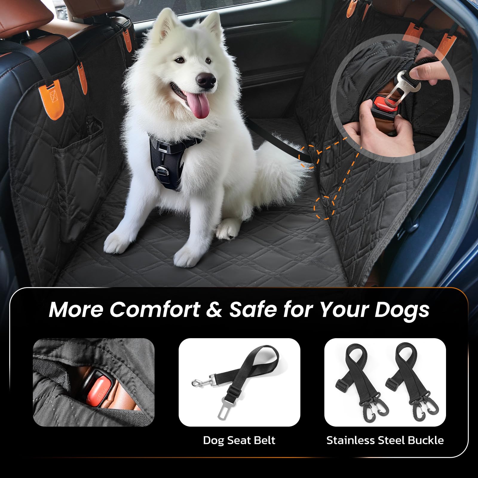 Roilpet Dog Car Back Seat Cover, Pet Car Hammock for Back Seat with Adjustable Belt, Universal Fit for Cars, Trucks, SUV, Back Seat Extender for Dogs, Black