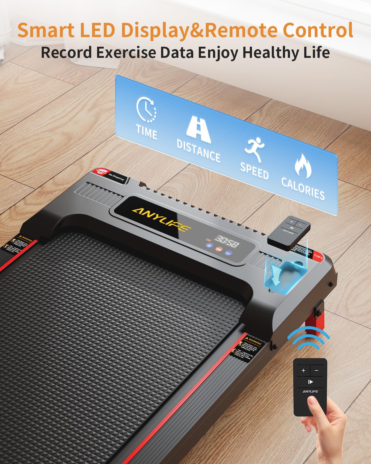 Walking Pad Treadmill, Anylife Incline Walking Pads Under Desk 330lb Capacity, 2.5HP Portable Treadmills for Home, Compact Treadmill Small Running Pad with LED Display, Remote Control, Black