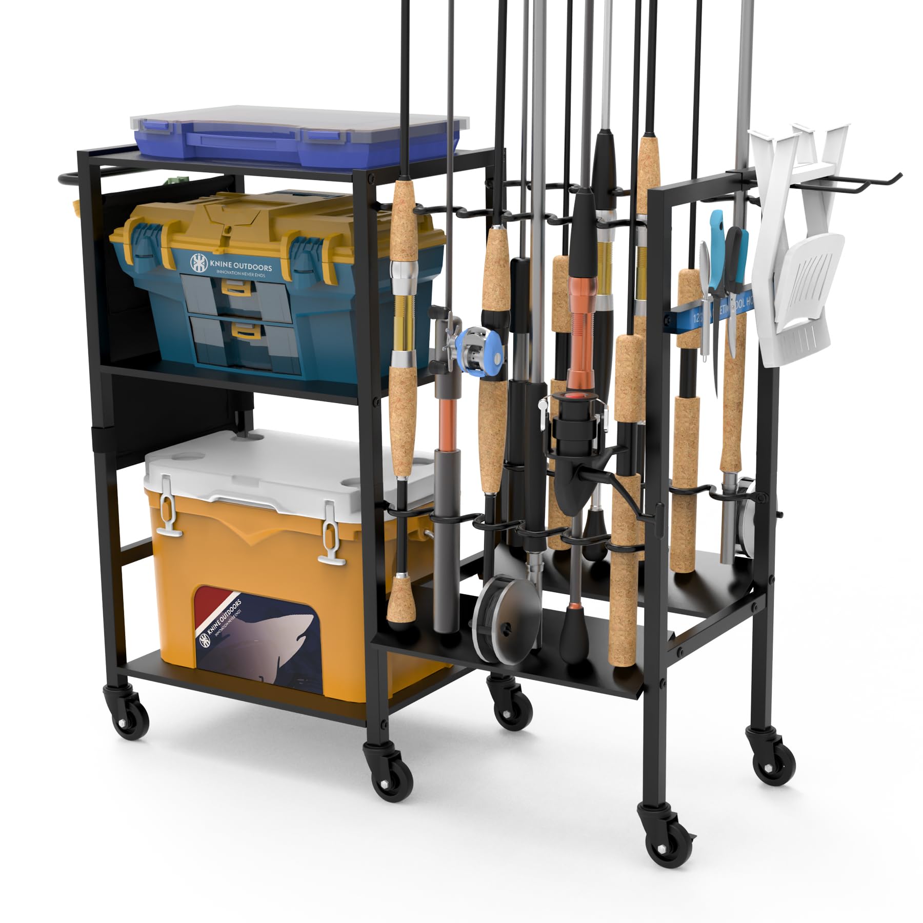 KNINE OUTDOORS Garage Fishing Pole Holders - 12 Rod Holders, 3 Layers of Storage Space for Fishing Gear and Equipment