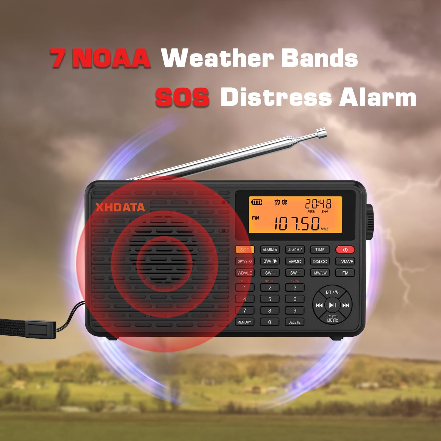 XHDATA D109WB Portable Radio AM/FM/SW/LW/WB Weather Radio Shortwave Radio Receiver with NOAA Alert, Battery Operated Great Sound Wireless BT Mp3 Speaker, SOS Alert Alarm Clock Sleep Function