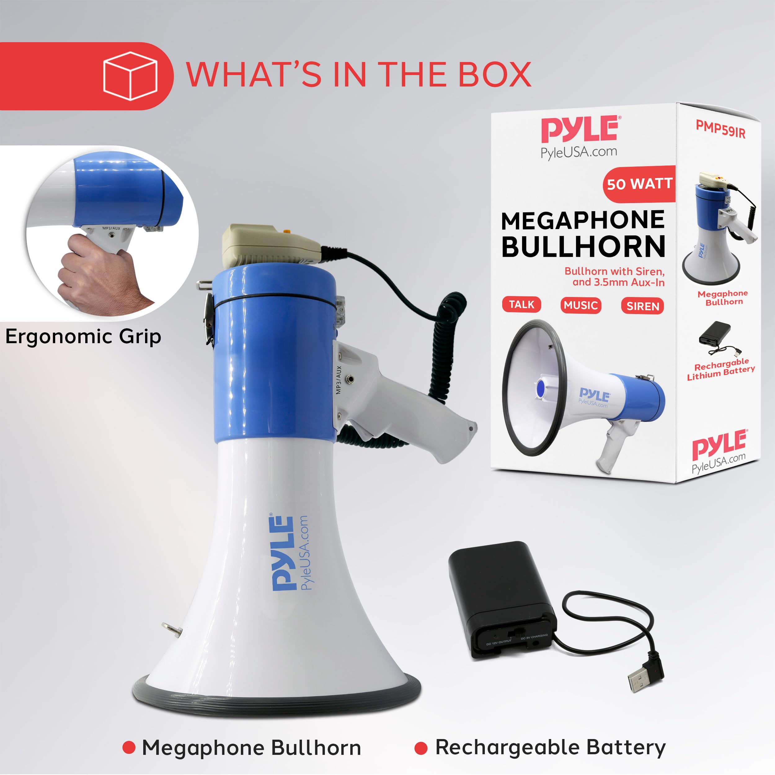Pyle Megaphone PA Bullhorn Speaker - Built-in Siren 50 Watts Rechargeable Battery- 10 Sec Record Function for Football Baseball Basketball Cheerleading Fans Coaches or for Safety Drills - (PMP59IR)