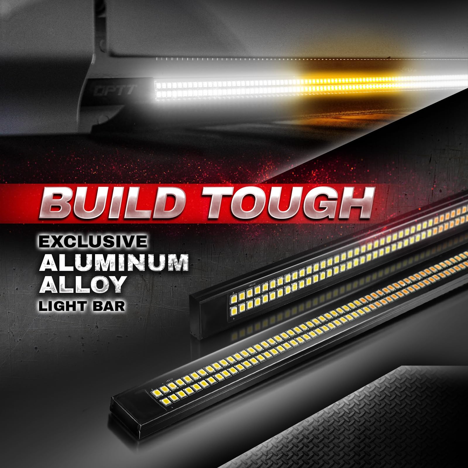 OPT7 60" Tailgate Strobe Light Bar, Double Row LED Aluminum Weatherproof Strobe Light Strip w/Amber White Flashing Warning Hazard Emergency Light for F150 Silverado Truck Trailer Construction Vehicles