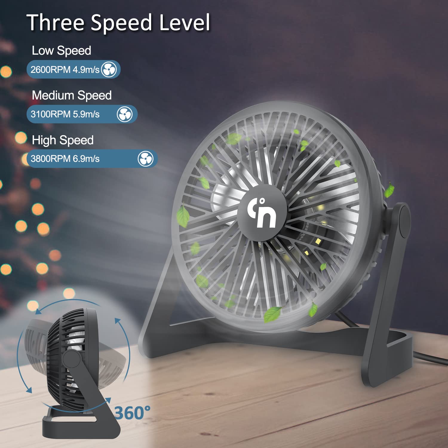 GagetElec USB Desk Fan with LED Night Lights,3 Speed Small Desktop Fan Cooling Table Fan, 360 degreeRotation Strong Wind, Quiet Mini Personal USB Fan for Home Office Desktop '6.1x6x0.26in (T5-04)