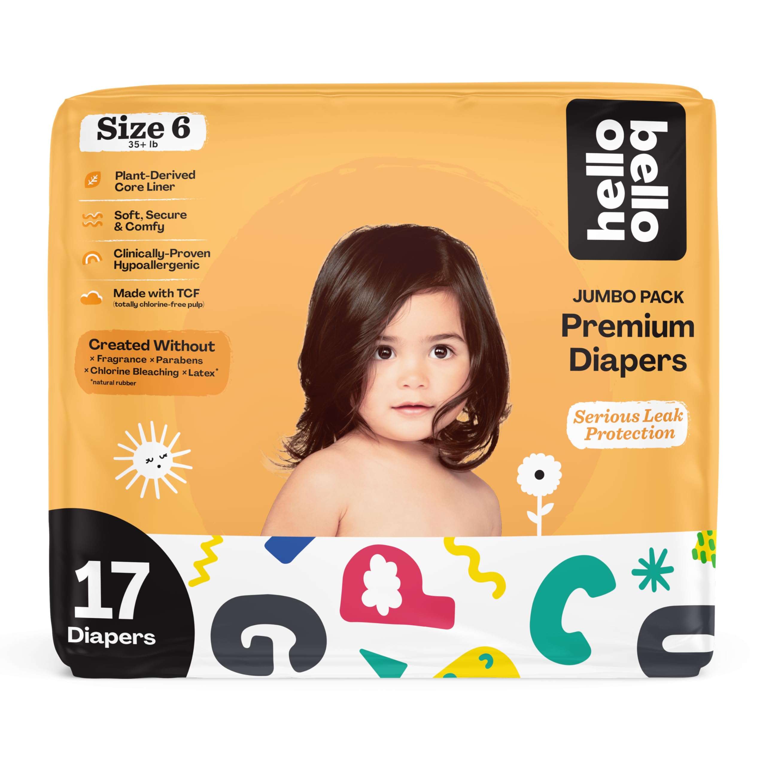 Hello Bello Premium Baby Diapers Size 6 I 17 Count of Disposable, Extra-Absorbent, Hypoallergenic, and Eco-Friendly Baby Diapers with Snug and Comfort Fit I Alphabet Soup
