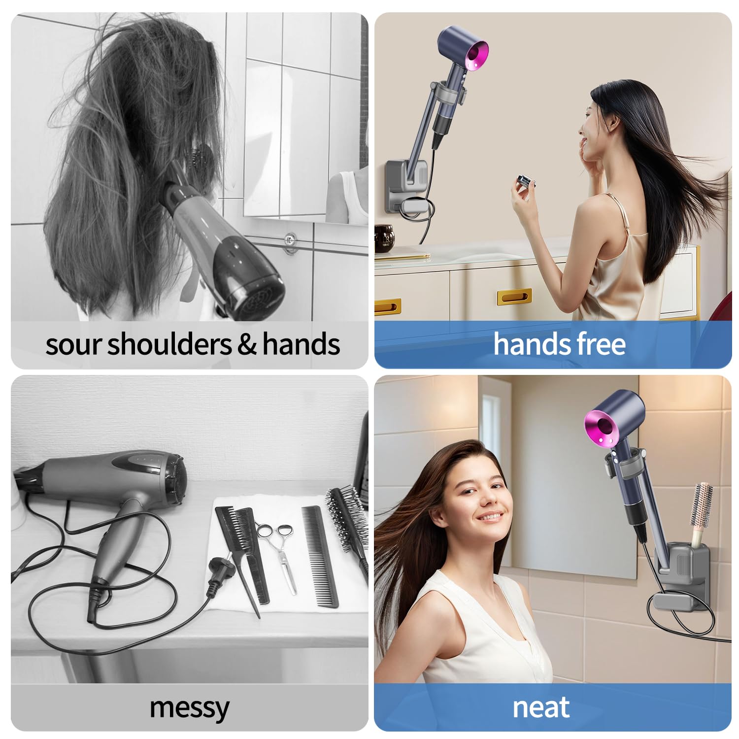Hands Free Hair Dryer Holder Wall Mount, Adjustable Bathroom Blower Dryer Holder Wall Mounted Hook Rack, Vanity Cabinet Door Hanger Storage, Suitable for Most Walls, Hair Dryers, with Cord Organizer